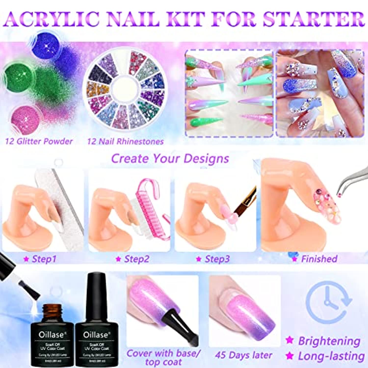 Large Acrylic Nail Kit Set Professional Acrylic with Everything,Acrylic Powder and Monomer Acrylic Nail Liquid for Beginners,Acrylic Nail Supplies Acrylic Nail Brush,Practice Hand for Acrylic Nails