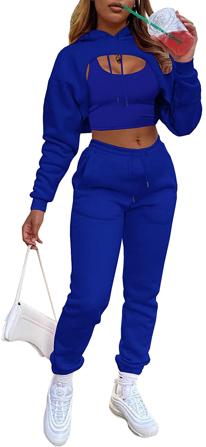 Women Fall 3 Piece Outfits Tracksuits - Sexy Long Sleeve Pullover Hoodie + Tank Top + Jogging Pants Sweatsuit Workout Sets