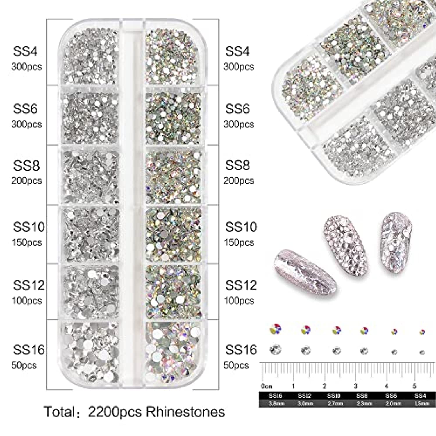 Rhinestones for Nails Art Gems, 2200 Pcs Nail Jewels Crystals Nail Art Rhinestones Decorations Nail Rhinestones Kit with Rhinestone Picker Dotting Pen, 2 Wax Pen Tips and 1Tweezer(Clear and AB)