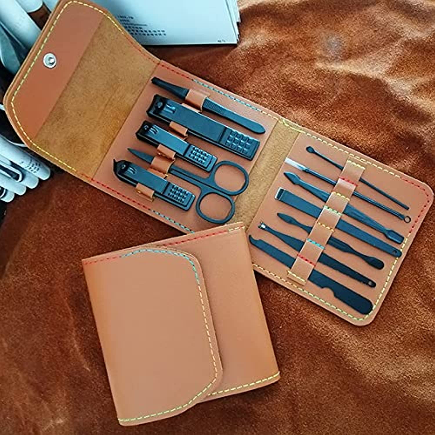 Professional Beauty Gift Bag Nail Clippers Sets High Precisio Stainless Steel Nail Cutter Pedicure Kit Nail File Sharp Nail Scissors and Nail Trimmer Clipper Manicure Pedicure Kit Fingernails (brown)