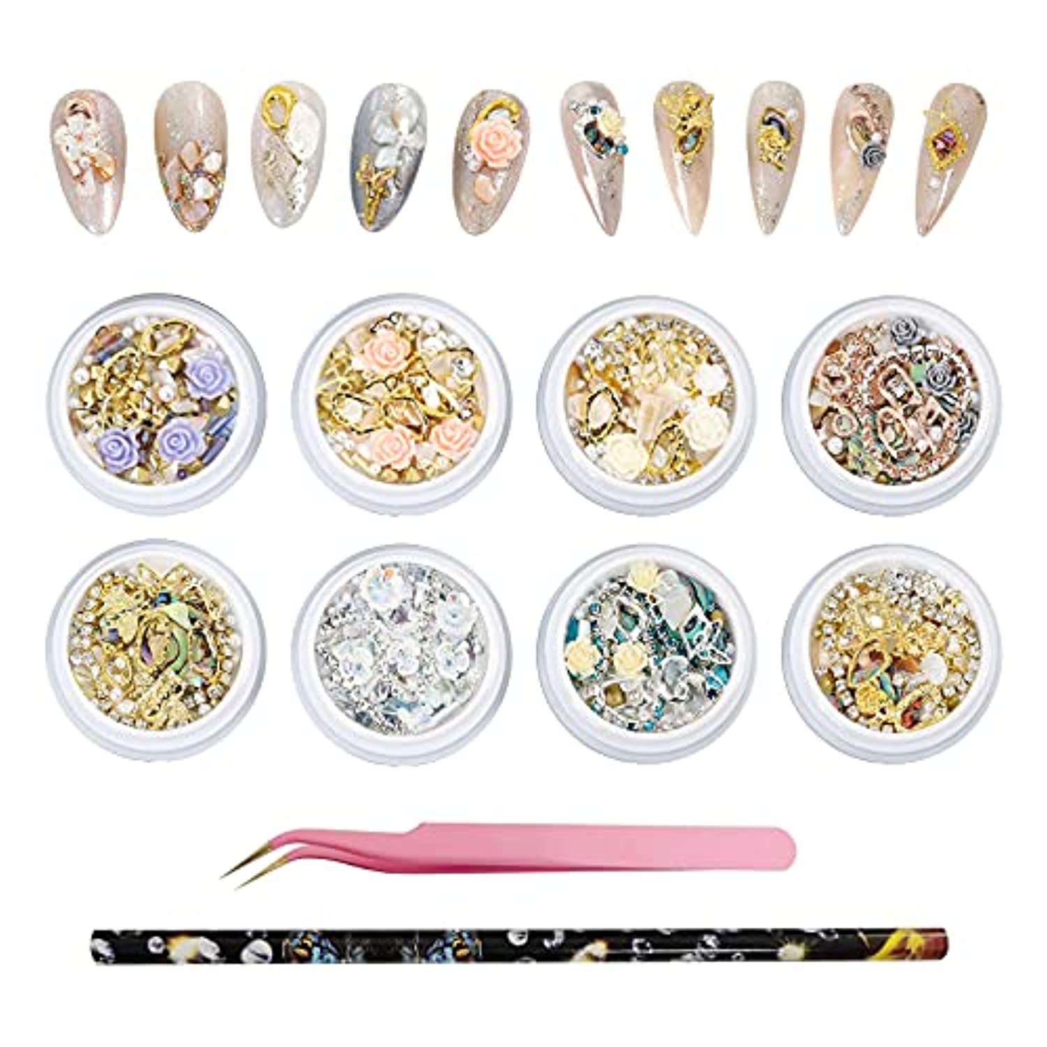 Nail art rhinestone diamond glass crystal pearl flower gemstone gemstone butterfly mason chain mixed color DIY design for nail art decoration.(8 boxes)