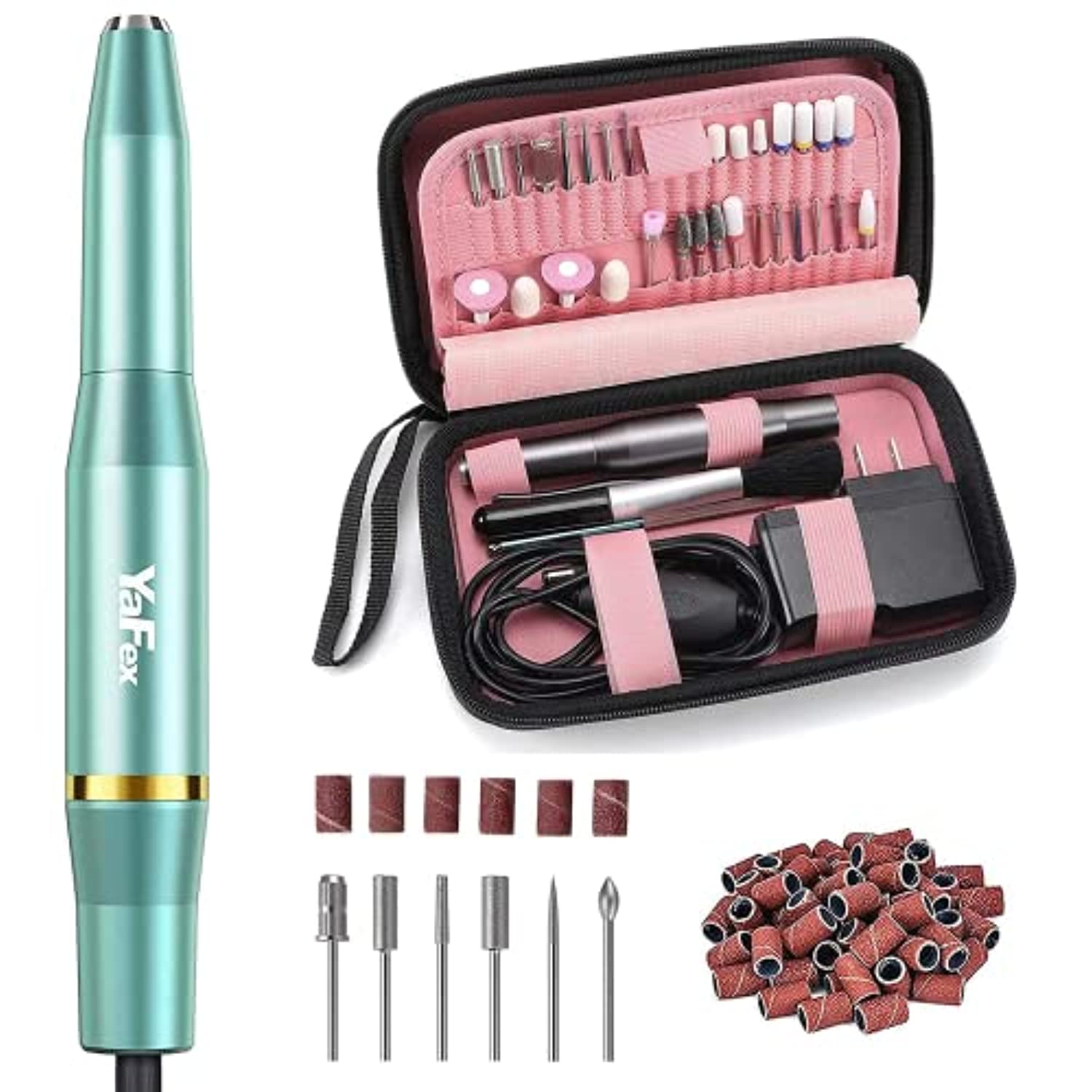 Electric Nail Drill Kit, YaFex Professional Acrylic Nail File Portable Manicure Pedicure Drill Set for Acrylic Gel Nails with False Nail Clipper, Drill Bits Kit and Sanding Bands with Nail Drill Case