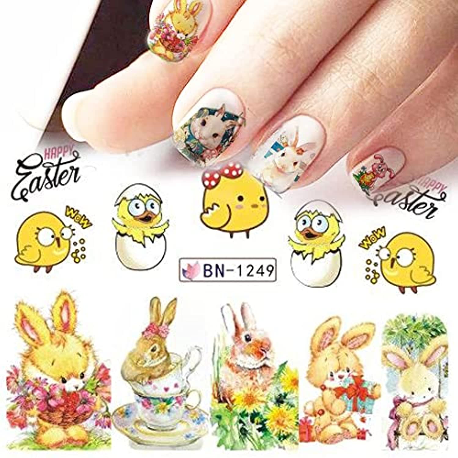 12 Sheet Easter Nail Art Stickers Bunny Eggs Nail Decal Nail Art Supplies Bunny Eggs Chick Rabbits Flower Nail Design Jesus Christ Easter Nail Decoration for Women Girls Manicure Decor