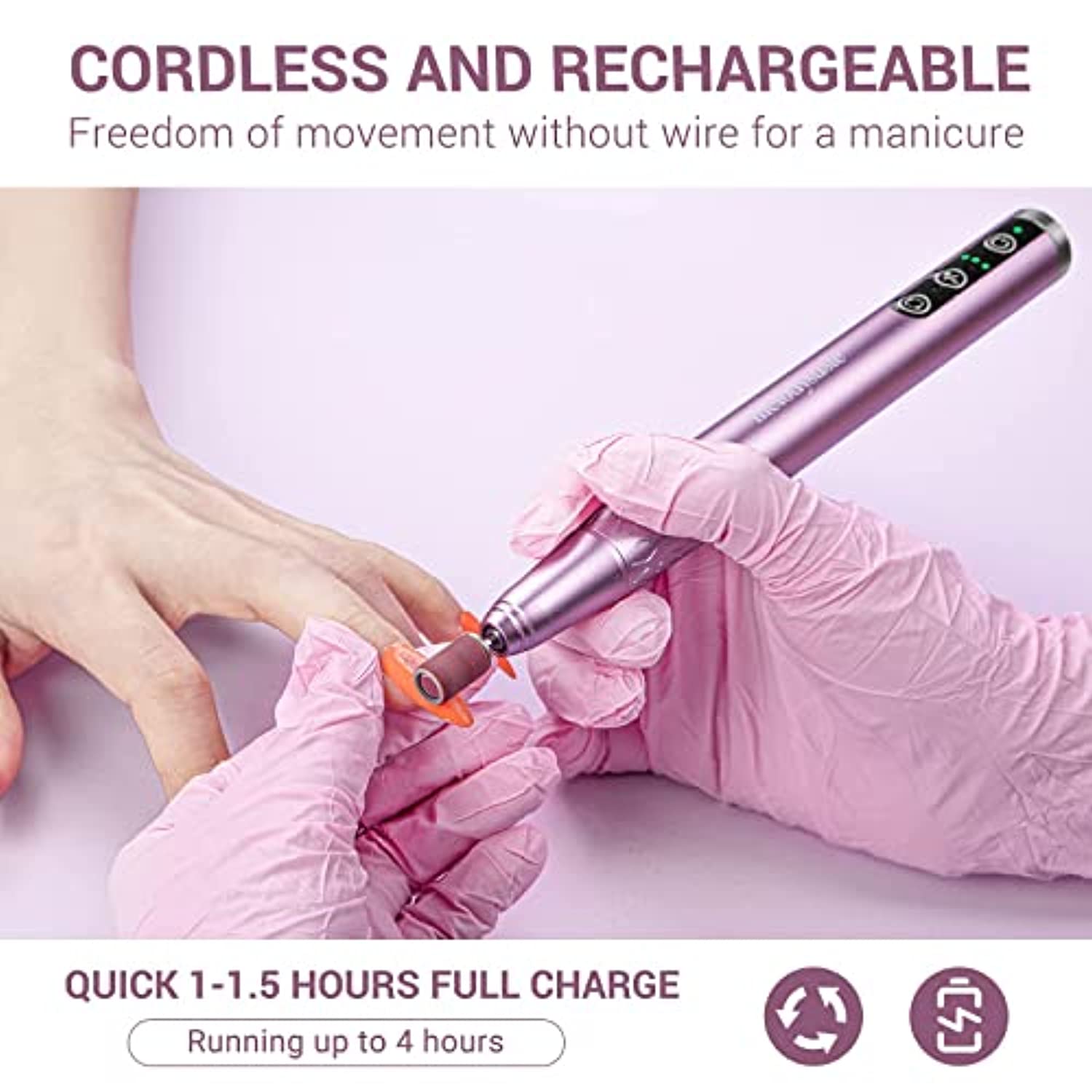 MelodySusie Professional Cordless Nail Drill, Portable Rechargeable Electric Efile Nail Machine File Kit with Bits and Sanding Bands for Acrylic Gel Nails, Manicure Pedicure Polishing