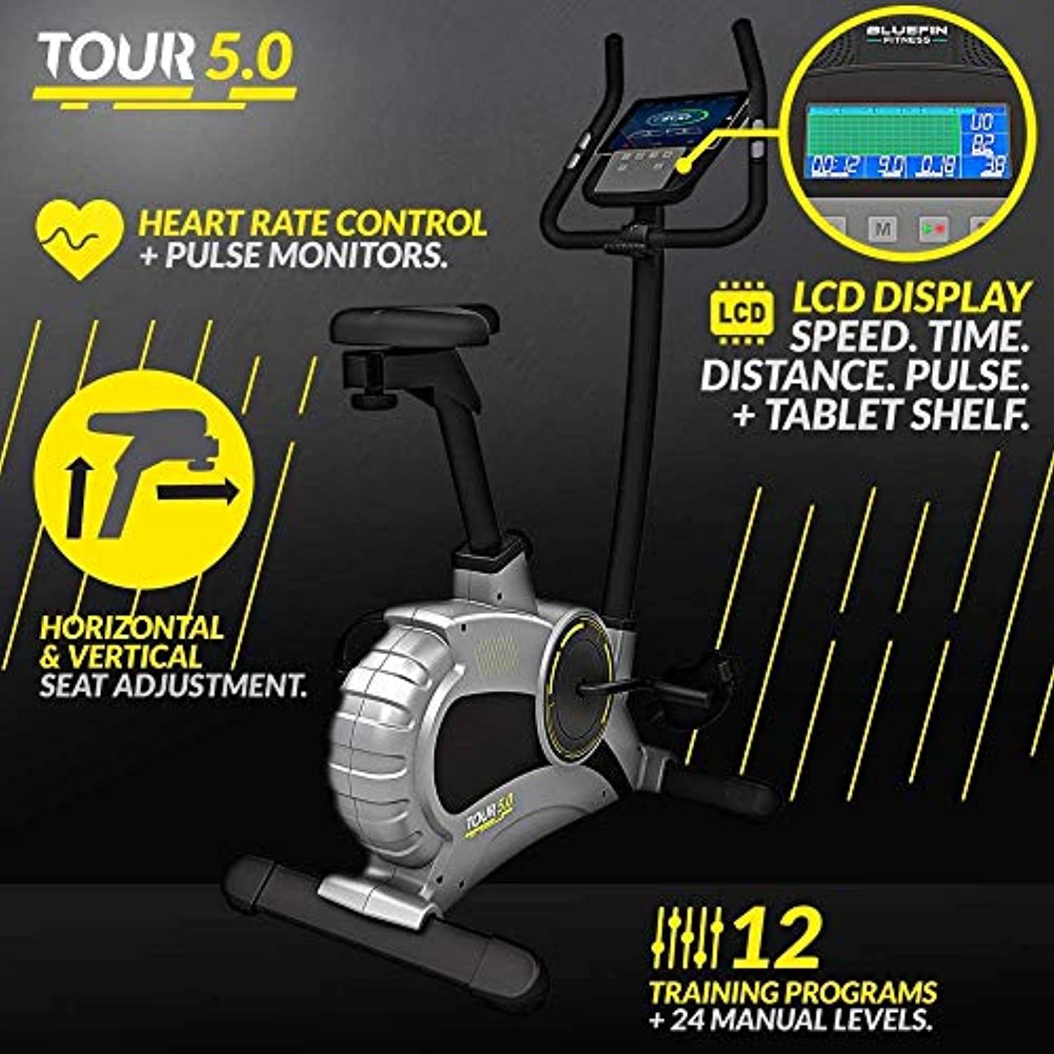 Bluefin Fitness TOUR 5.0 Exercise Bike | Home Gym Equipment | Exercise Machine | Kinomap | Live Video Streaming | Video Coaching & Training | Bluetooth | Smartphone App | Black Grey Silver