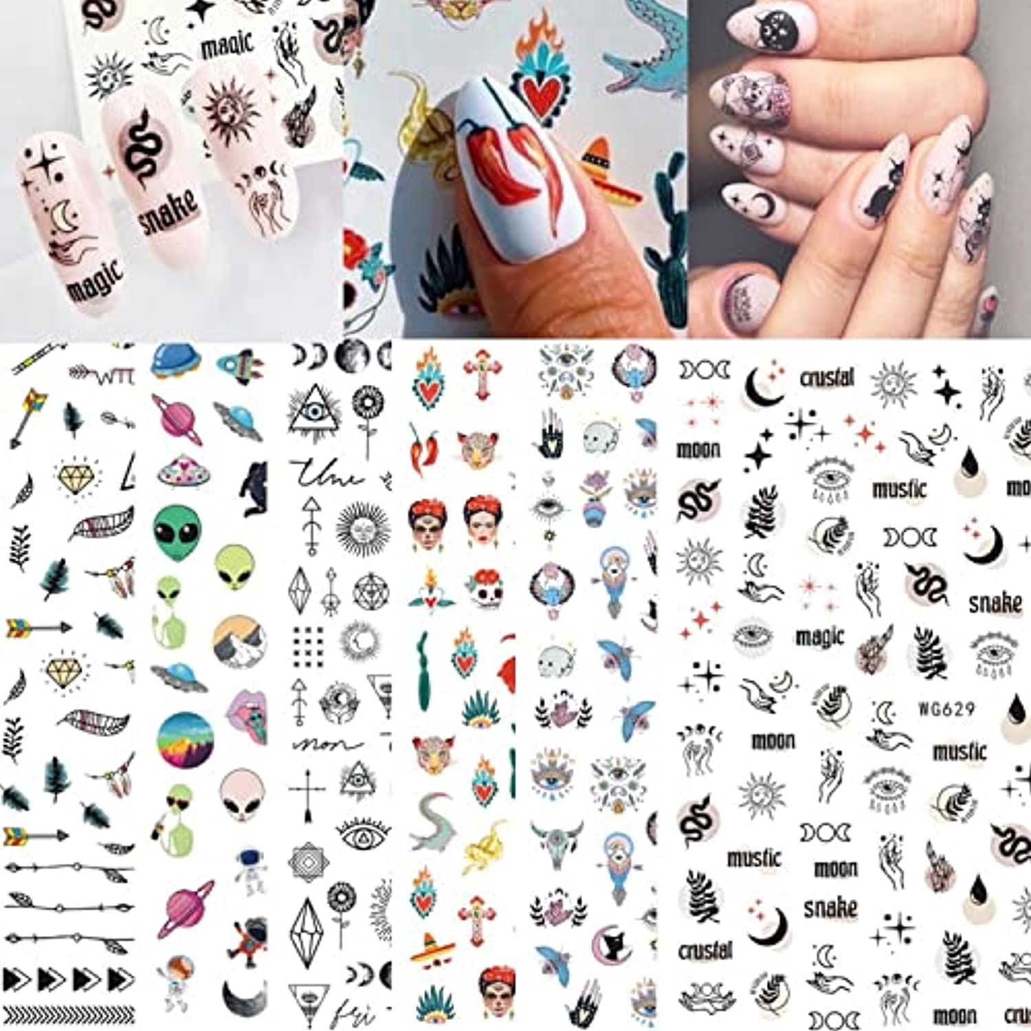 Indian Nail Art Stickers, Feather Alien Moon Star Eyes Tribal Totem Skull Nail Sticker, 3D Self-Adhesive Nail Art Decals Design, Nail Decal Supplies for Women Manicure DIY Nail Decoration (6 Sheets)