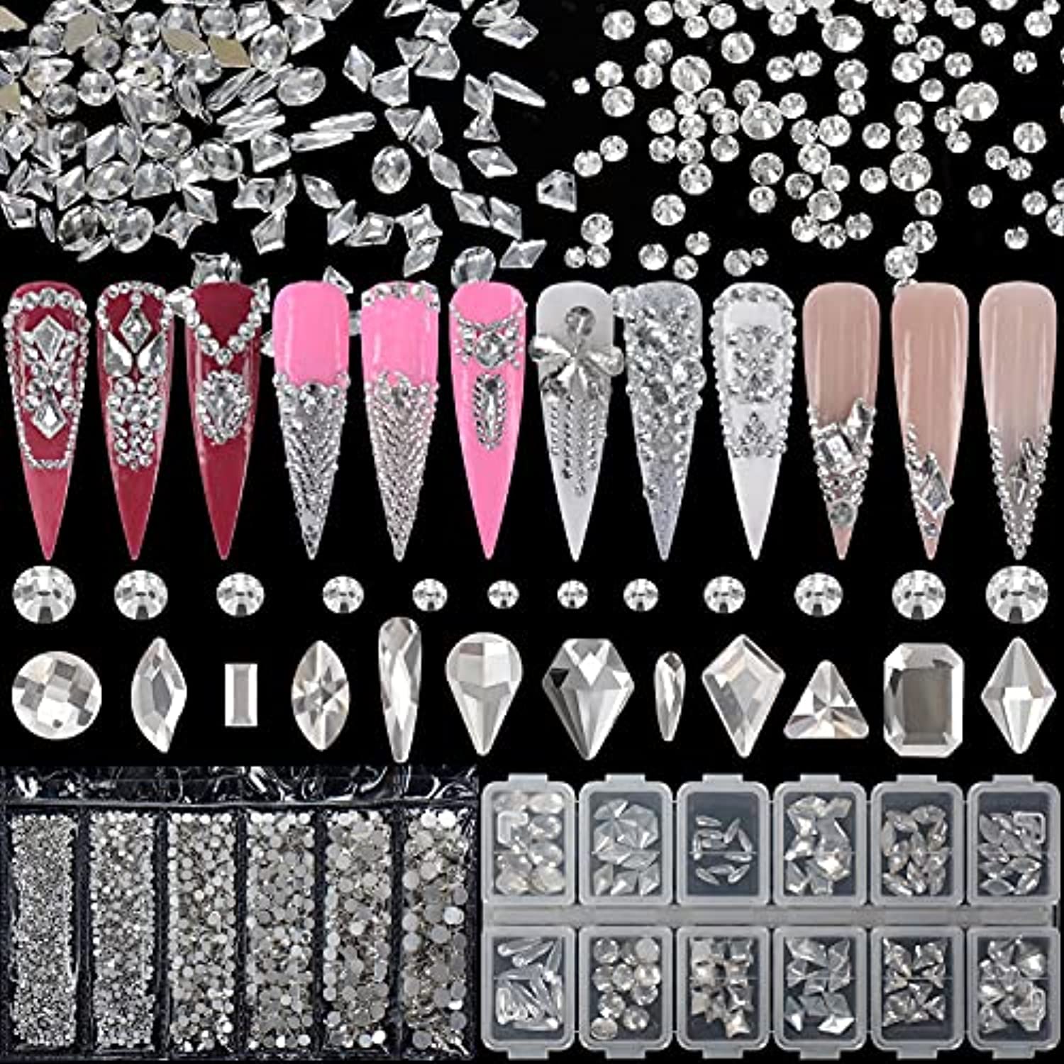 Warmfits 1840pcs Clear Crystal Nail Rhinestones Set Nail Art Rhinestone Nail Art Gems 9K Clear Class Multi-Shape Flat Back Transparent Nail Jewels for Nail DIY Crafts Makeup