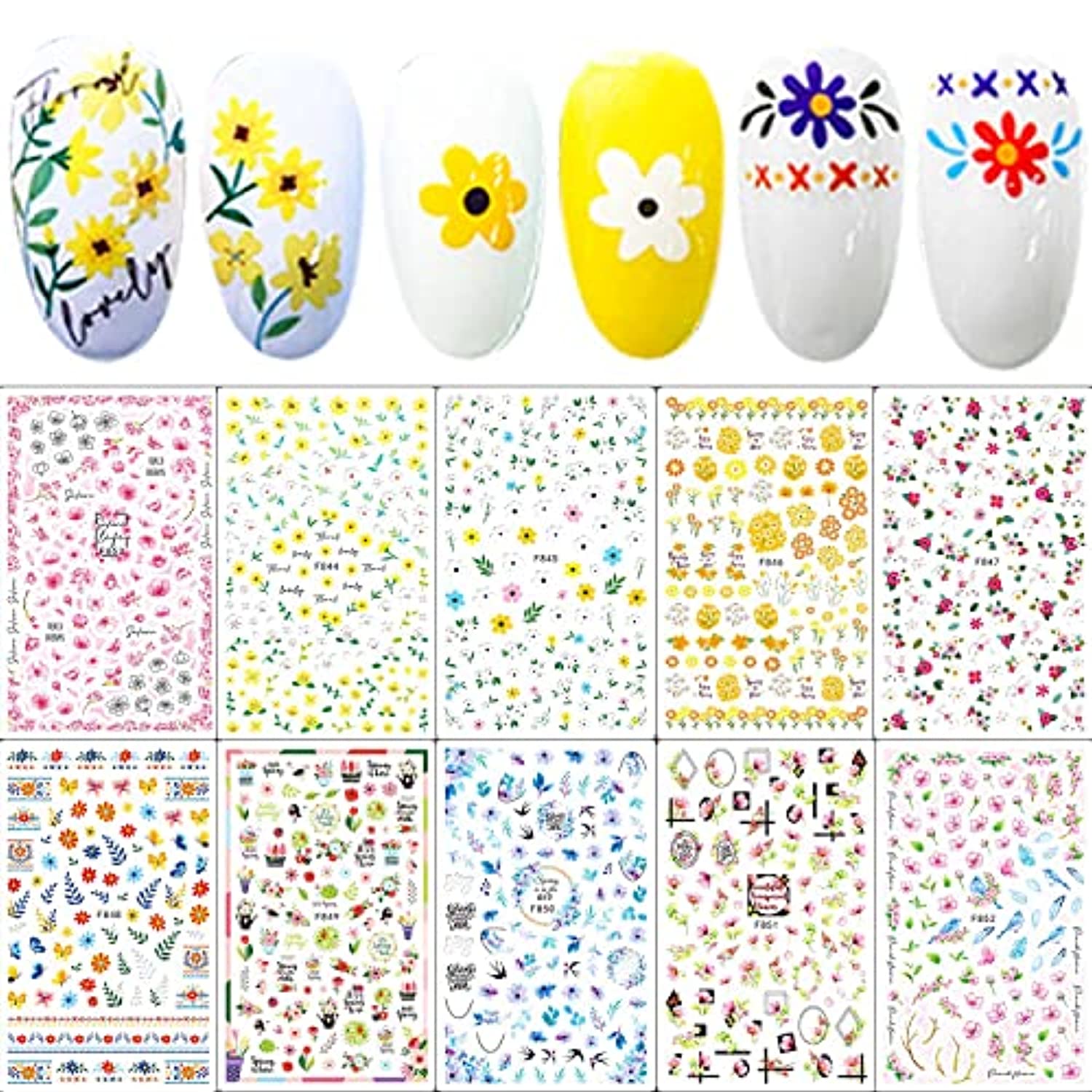 10 Sheets Spring Nail Art Stickers Decals 3D Self Adhesive White Yellow Green Flowers Daisy Smiley Leaves Fresh Design Manicure Tips Nail Decoration for Women Girls Kids