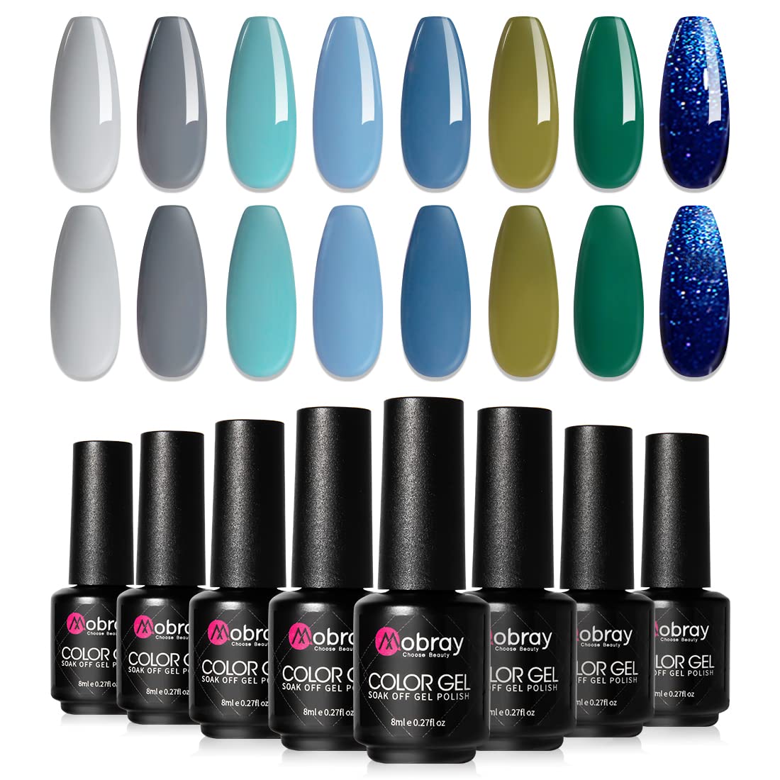 Mobray Gel Nail Polish Set, 6 Spring Summer Blue Nude Purple Colors With No Wipe Top Coat And Base Coat for Nail Art Manicure.