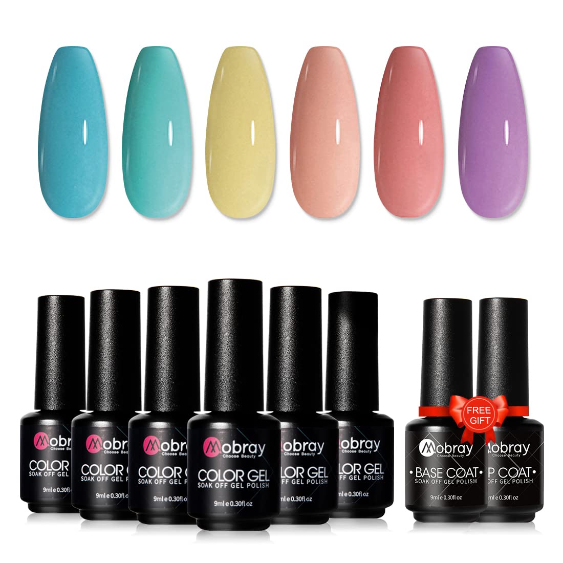 Mobray Gel Nail Polish Set, 6 Spring Summer Blue Nude Purple Colors With No Wipe Top Coat And Base Coat for Nail Art Manicure.