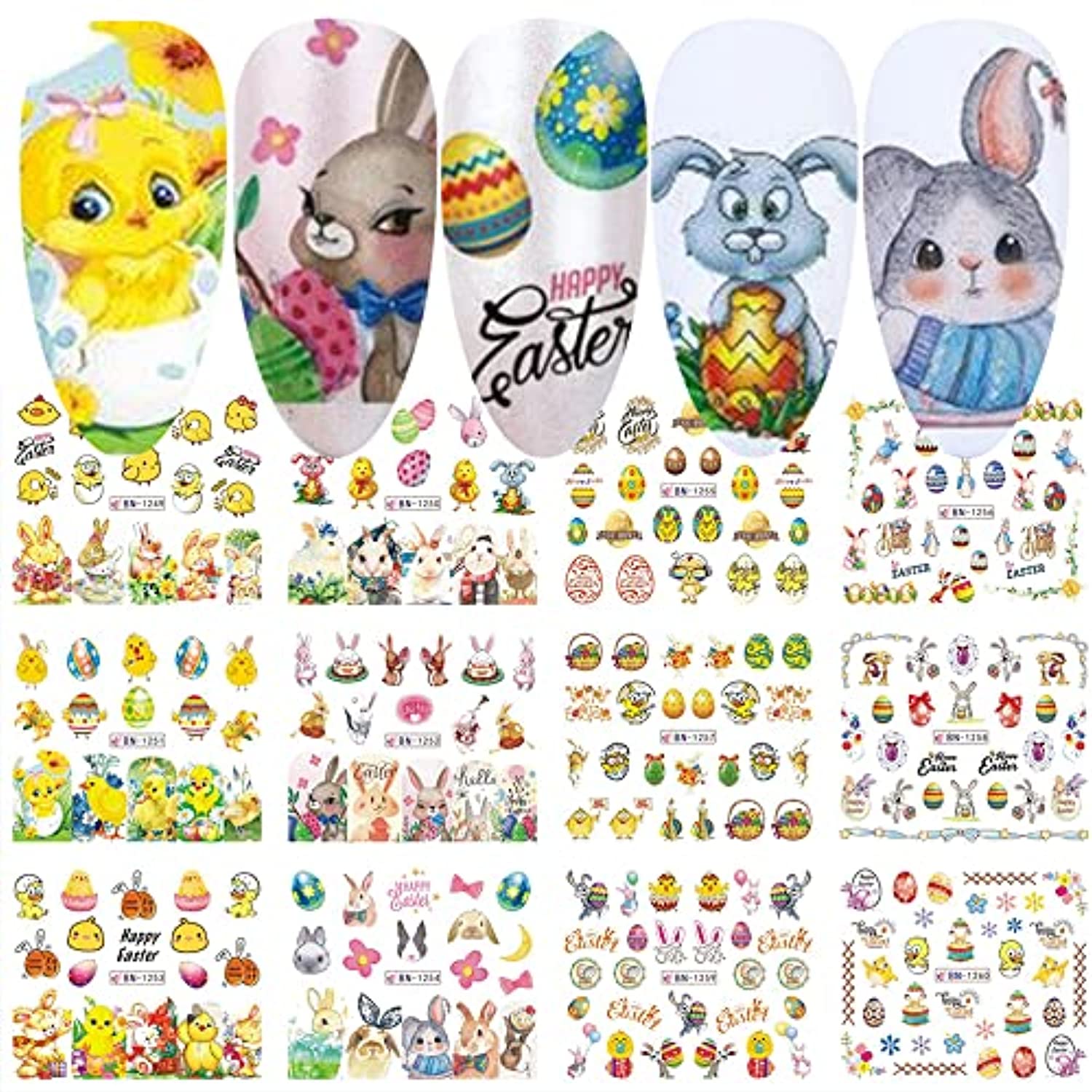12 Sheet Easter Nail Art Stickers Bunny Eggs Nail Decal Nail Art Supplies Bunny Eggs Chick Rabbits Flower Nail Design Jesus Christ Easter Nail Decoration for Women Girls Manicure Decor