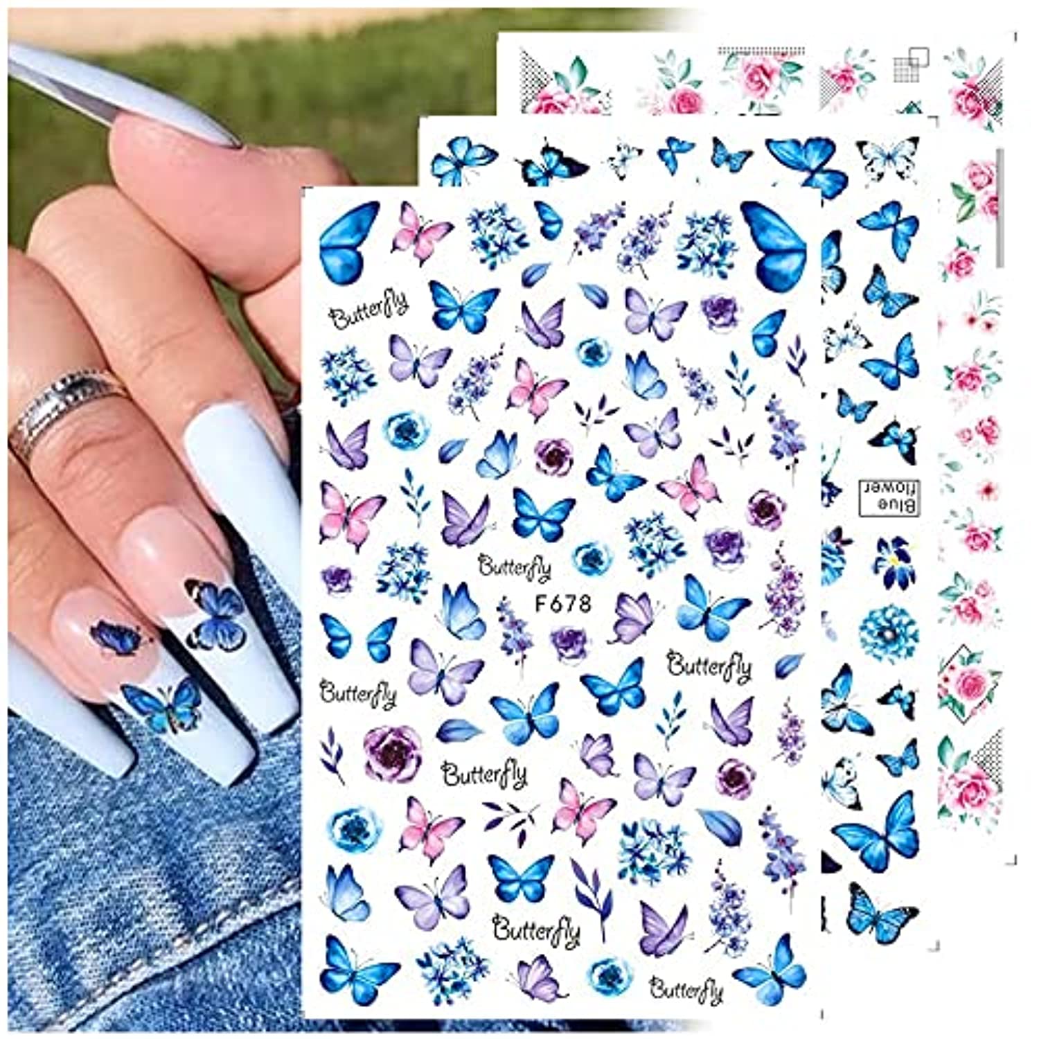 Dornail 8 Sheets Butterfly Nail Stickers Spring Summer Floral Flower Nail Decals Nail Accessories for Nail Art Decorations Supplies