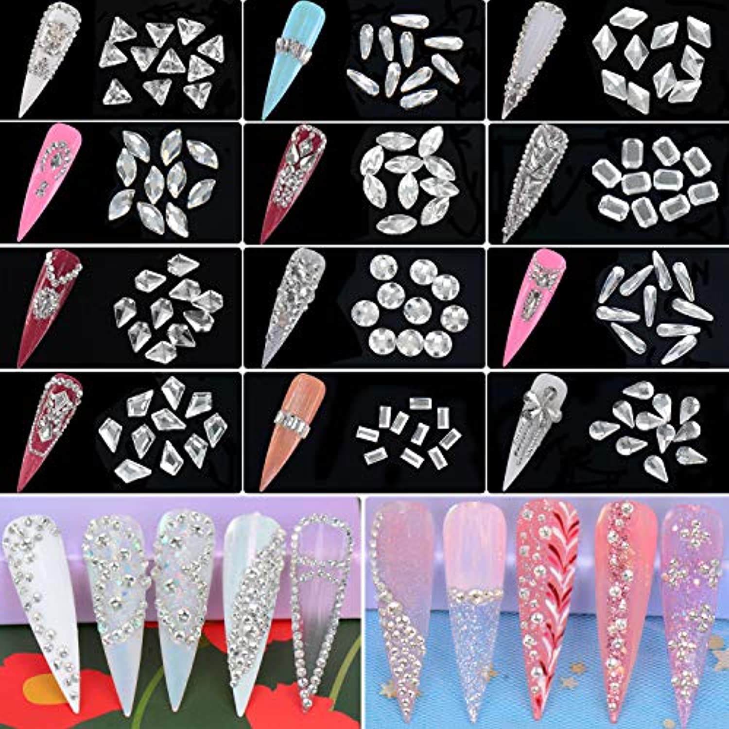 Warmfits 1840pcs Clear Crystal Nail Rhinestones Set Nail Art Rhinestone Nail Art Gems 9K Clear Class Multi-Shape Flat Back Transparent Nail Jewels for Nail DIY Crafts Makeup