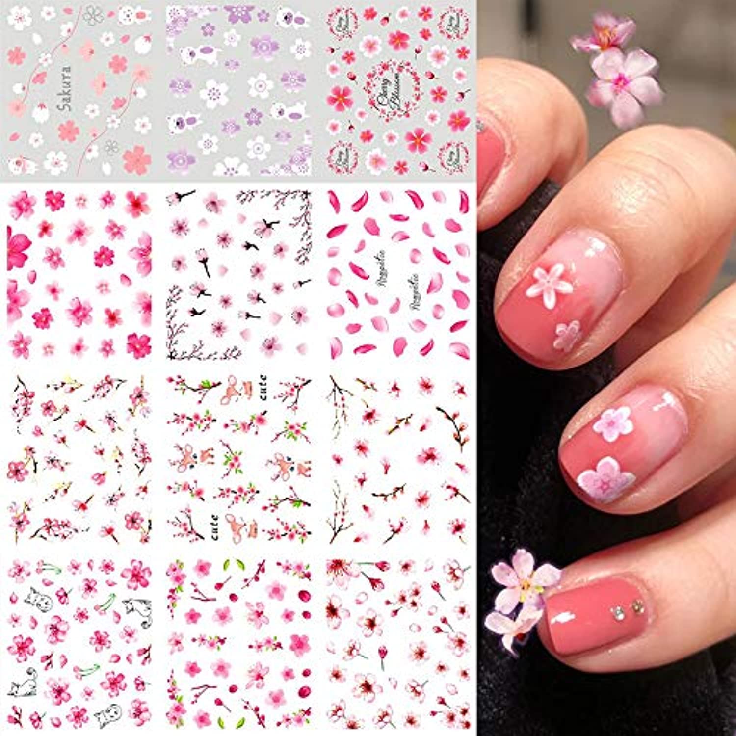 Sakura Flowers Nail Stickers Spring Water Transfer Nail Decals Cherry Blossom Nail Art Decorations Charms Nail Art Supplies Branches Leaf Petal Deer Cat Nail Design Nail Foils Tattoo for Acrylic Nail