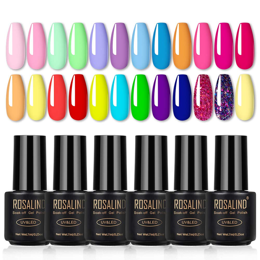 ROSALIND Neon Gel Nail Polish Set Mini Bottle , Neon Green Pink Yellow Purple Blue Color Series Soak Off UV LED Lamp Neon Gel Nail Polish Set (Classic Neon color series)