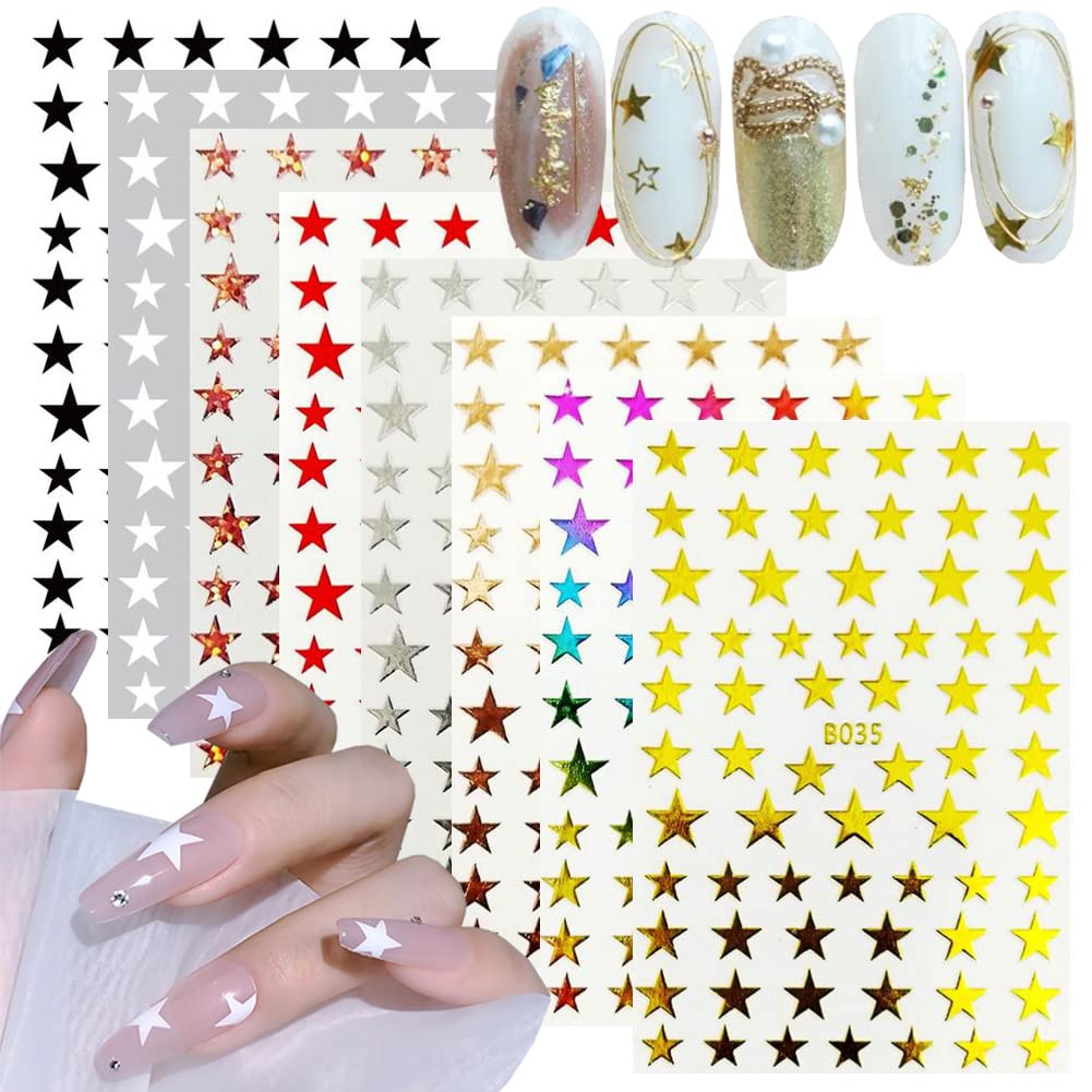 Star Nail Art Stickers Decals Nail Art Supplies 3D Self-Adhesive Nail Slider Stars Stickers Glitter Shiny Decoration Decal DIY Transfer Adhesive Colorful Nail Art Tips Manicure Accessories 8 Sheets