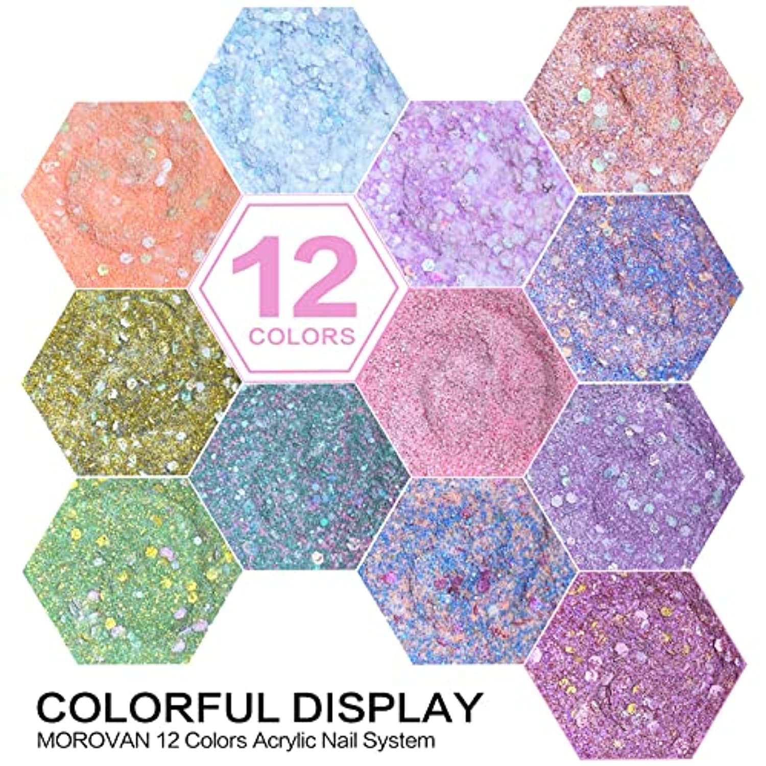 Morovan Acrylic Powder Set - 12 Colors Acrylic Nail Powder Glitter Professional Polymer Colored Acrylic Nail Powder for Acrylic Nail Extension Carving