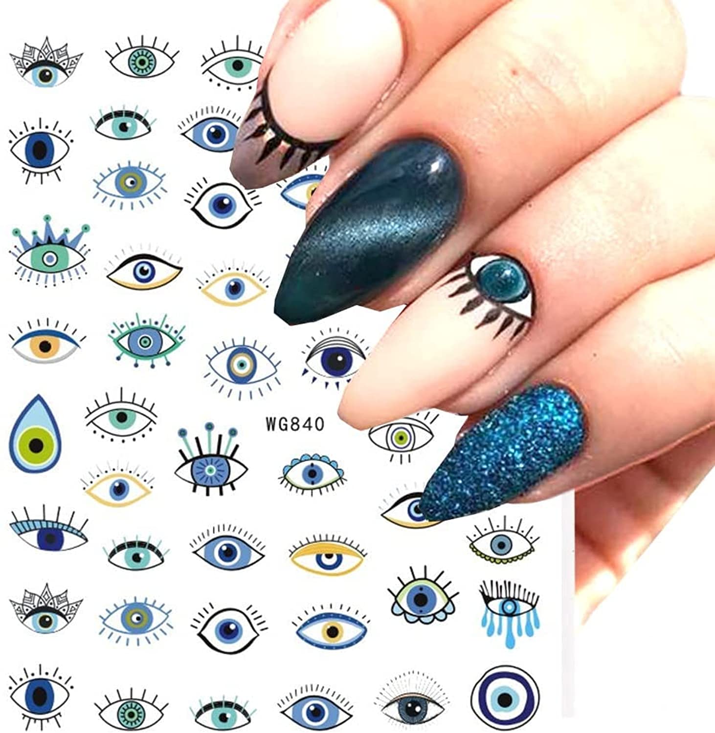 Evil Eyes Nail Art Stickers Decals 7 Sheets 3D Self Adhesive Pegatinas para U?as Turkish Blue Eye Khamsah Hand of Fatima Cartoon Design Manicure Tips Nail Decoration for Women Girls Gift