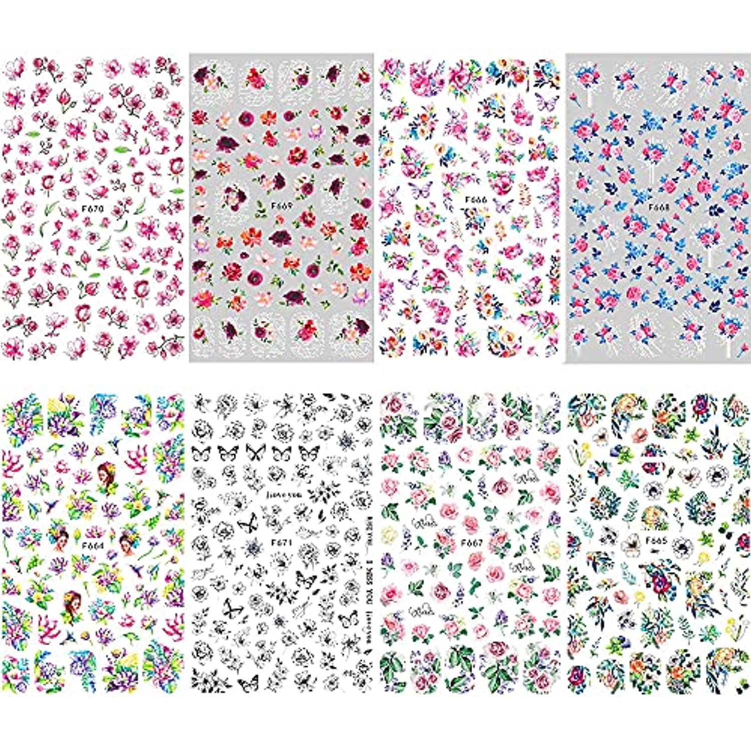 Dornail 8 Sheets Butterfly Nail Stickers Flower Nail Decals Self-Adhesive Summer Floral Nail Art Sticker Nail Designs Nail Decorations