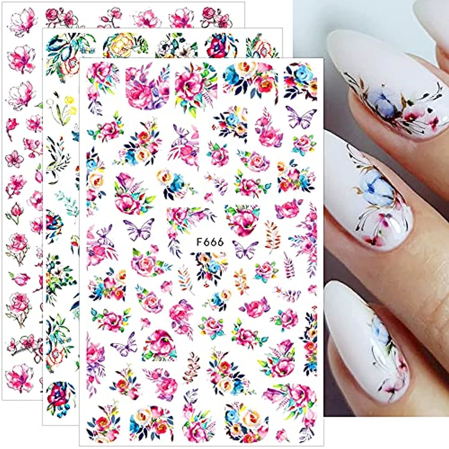 Dornail 8 Sheets Butterfly Nail Stickers Flower Nail Decals Self-Adhesive Summer Floral Nail Art Sticker Nail Designs Nail Decorations