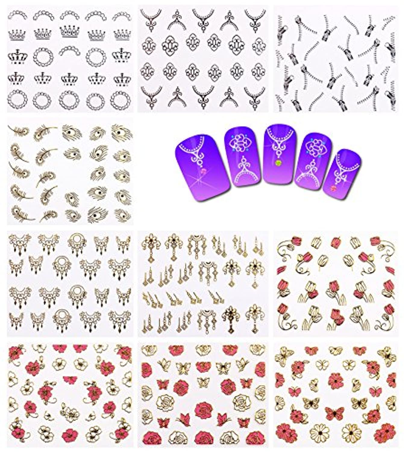 NiceDeco 50 Sheets 3D Design Self-Adhesive Tip Nail Stickers Nail Art Tattoo Nail Decals DIY Nail Art Decoration Flower/Butterfly/Fishes/Stars/Cat/Halloween Skull/Moustache/Lace