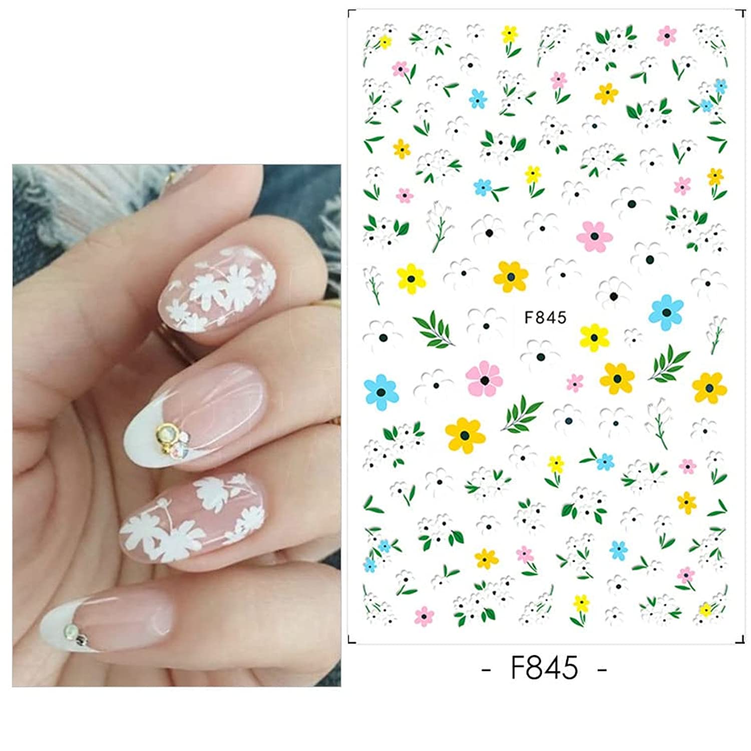 10 Sheets Spring Nail Art Stickers Decals 3D Self Adhesive White Yellow Green Flowers Daisy Smiley Leaves Fresh Design Manicure Tips Nail Decoration for Women Girls Kids