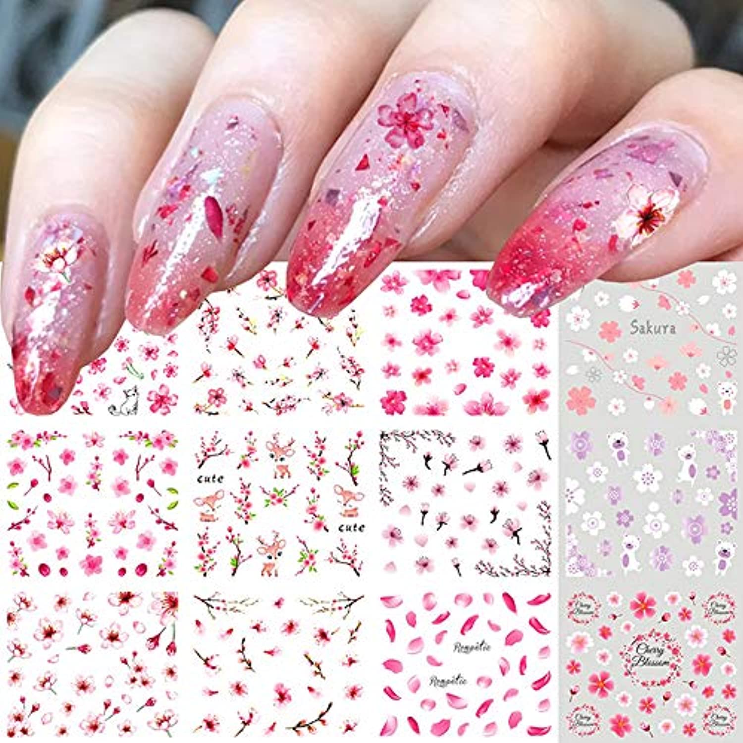 Sakura Flowers Nail Stickers Spring Water Transfer Nail Decals Cherry Blossom Nail Art Decorations Charms Nail Art Supplies Branches Leaf Petal Deer Cat Nail Design Nail Foils Tattoo for Acrylic Nail