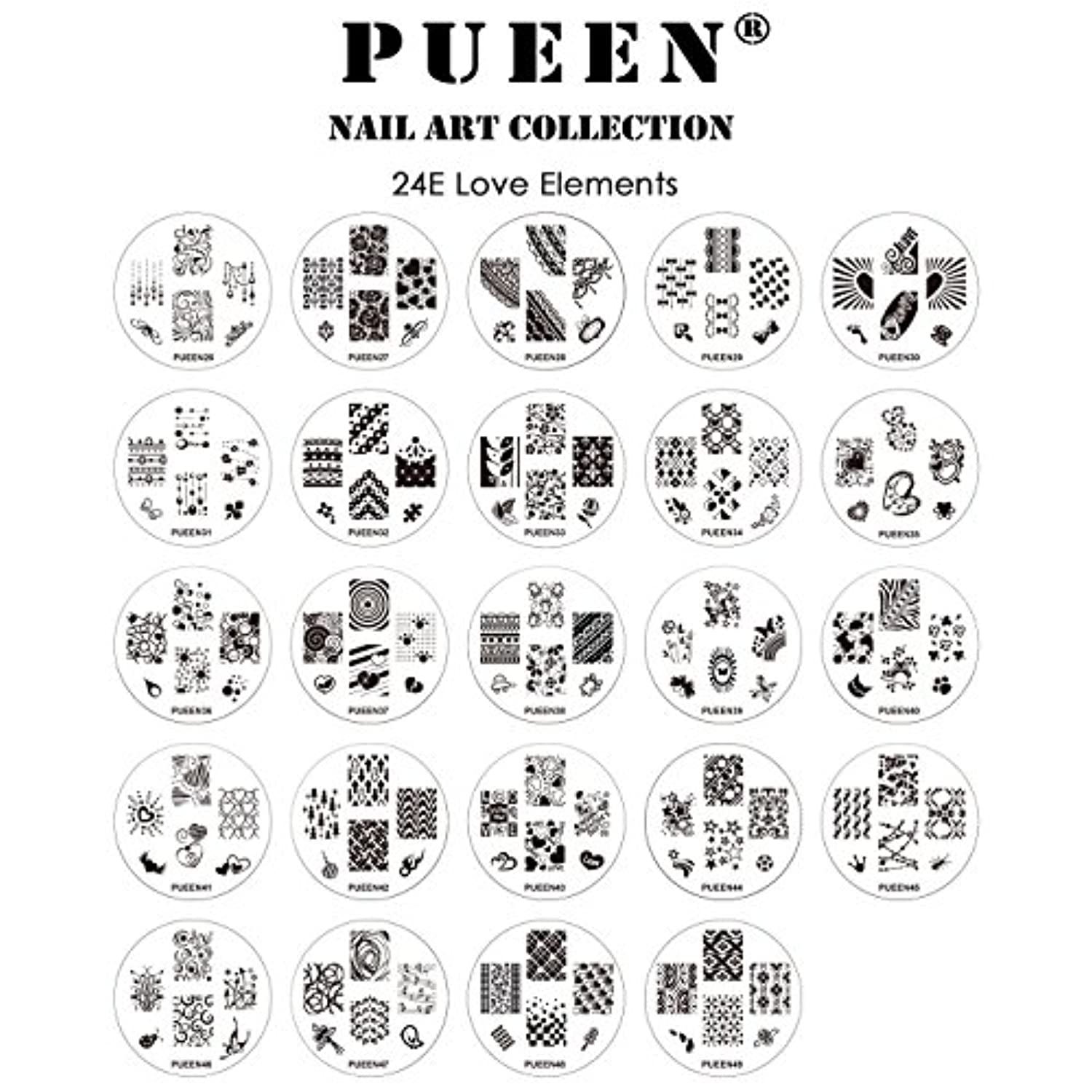 PUEEN Nail Art Stamp Collection Set 24E - LOVE ELEMENTS - NEW Unique Set of 24 Nailart Polish Stamping Manicure Image Plates Accessories Kit (Totaling 144 Images) with BONUS Storage Case-BH000018