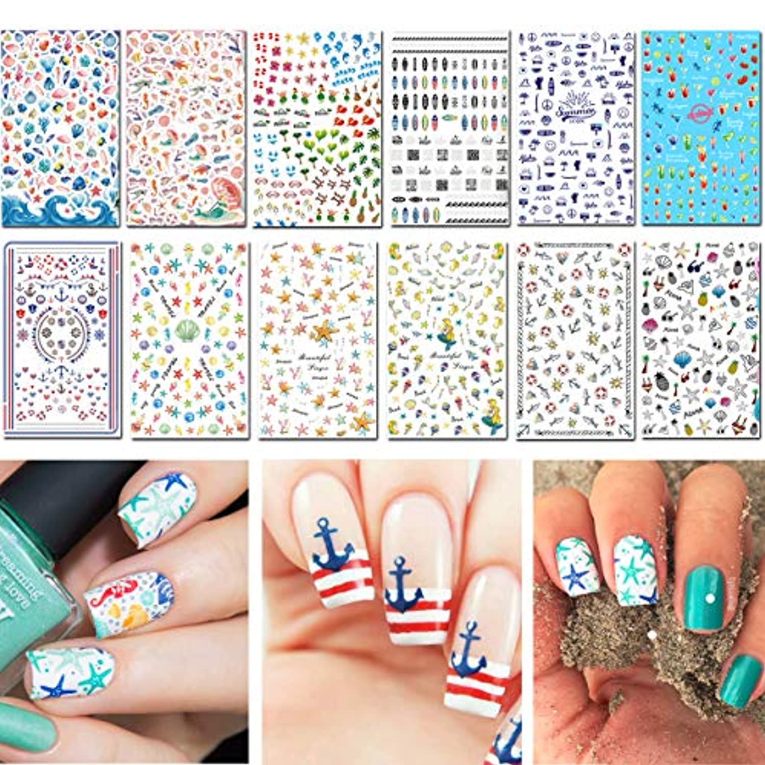 TailaiMei Summer Nail Decals Stickers, 1500+ Pcs Self-Adhesive Tips DIY Nail Art Design Stencil (12 Large Sheets)