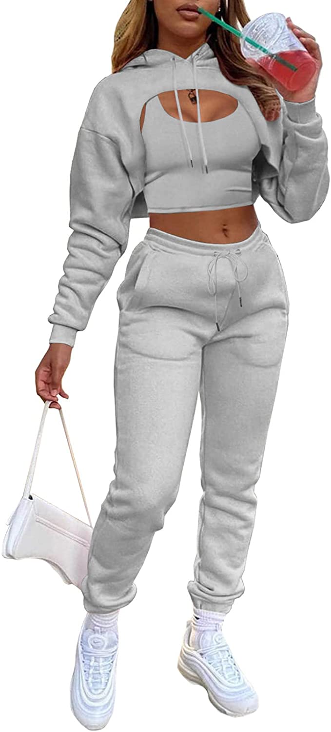 Women Fall 3 Piece Outfits Tracksuits - Sexy Long Sleeve Pullover Hoodie + Tank Top + Jogging Pants Sweatsuit Workout Sets