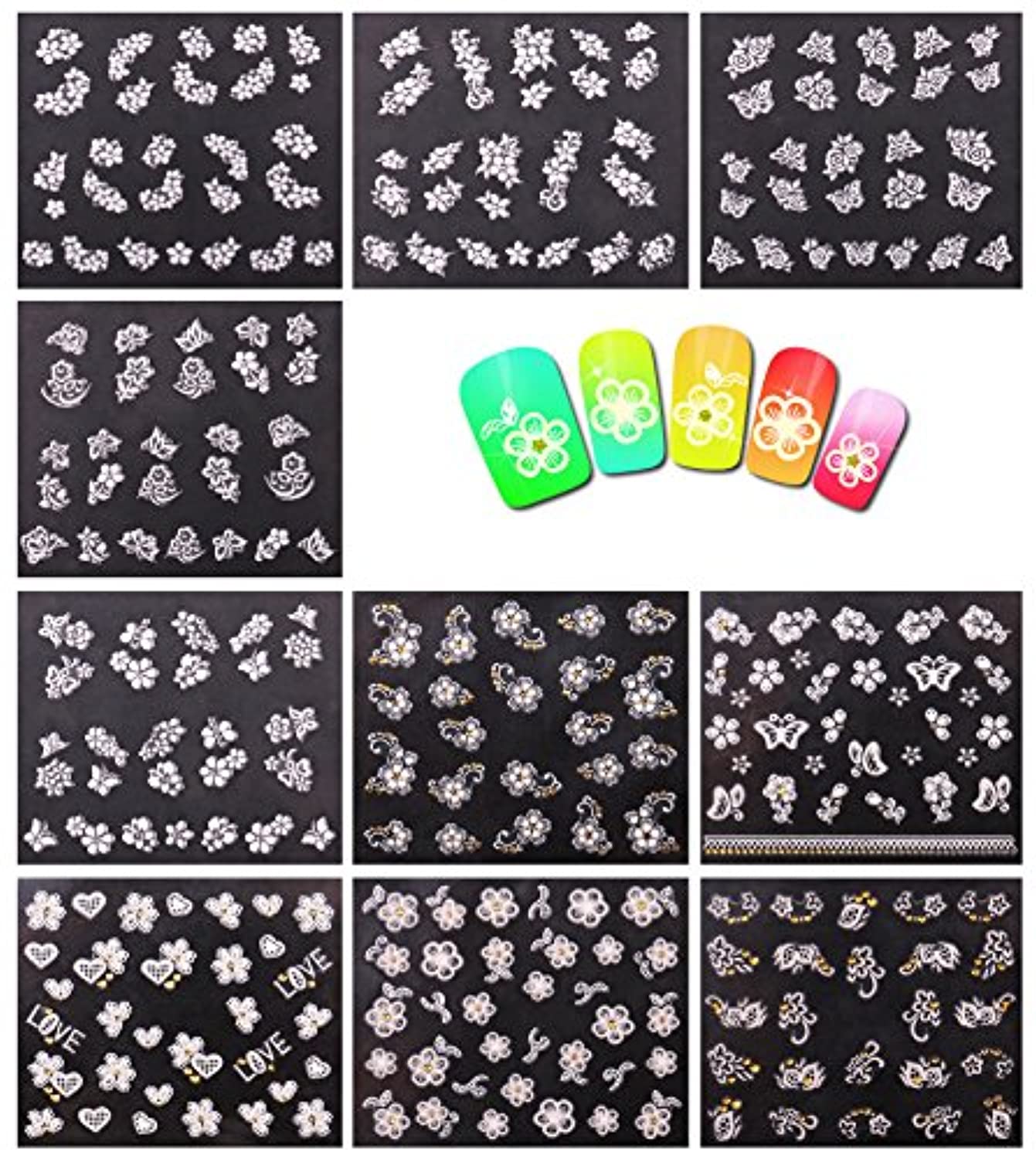 NiceDeco 50 Sheets 3D Design Self-Adhesive Tip Nail Stickers Nail Art Tattoo Nail Decals DIY Nail Art Decoration Flower/Butterfly/Fishes/Stars/Cat/Halloween Skull/Moustache/Lace