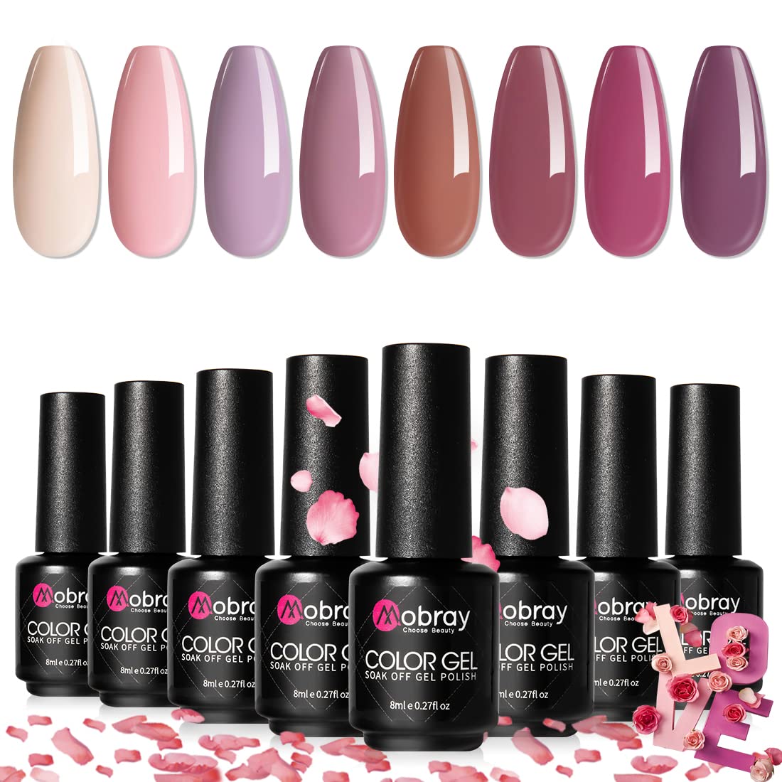 Mobray Gel Nail Polish Set, 6 Spring Summer Blue Nude Purple Colors With No Wipe Top Coat And Base Coat for Nail Art Manicure.