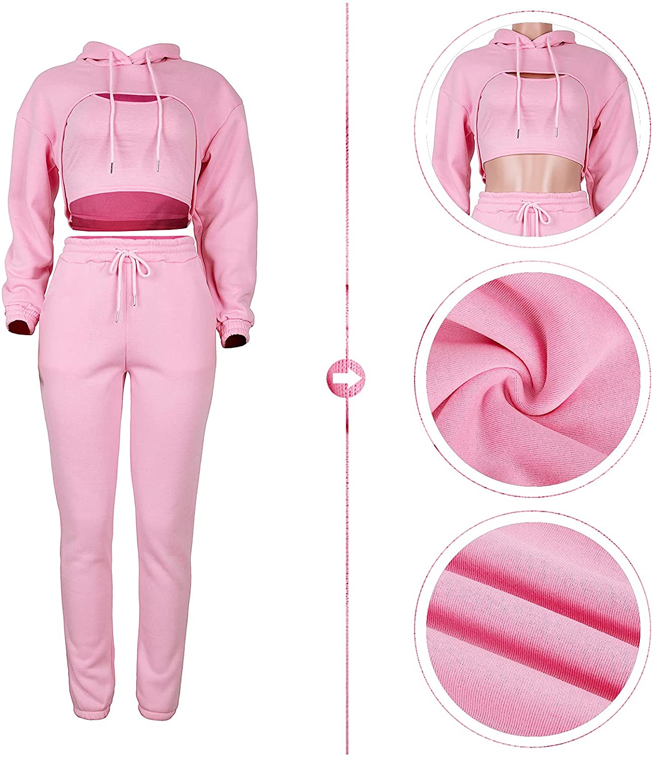 Women Fall 3 Piece Outfits Tracksuits - Sexy Long Sleeve Pullover Hoodie + Tank Top + Jogging Pants Sweatsuit Workout Sets