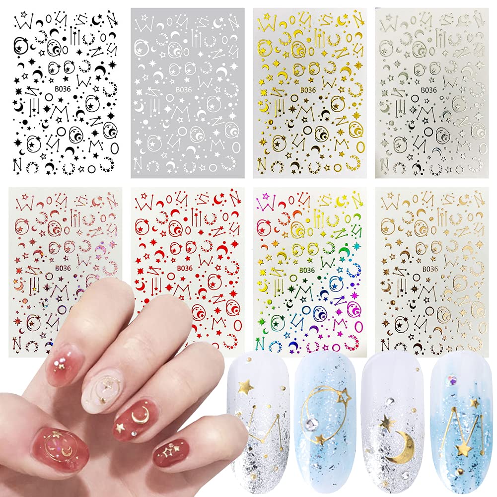 Star Nail Art Stickers Decals Nail Art Supplies 3D Self-Adhesive Nail Slider Stars Stickers Glitter Shiny Decoration Decal DIY Transfer Adhesive Colorful Nail Art Tips Manicure Accessories 8 Sheets