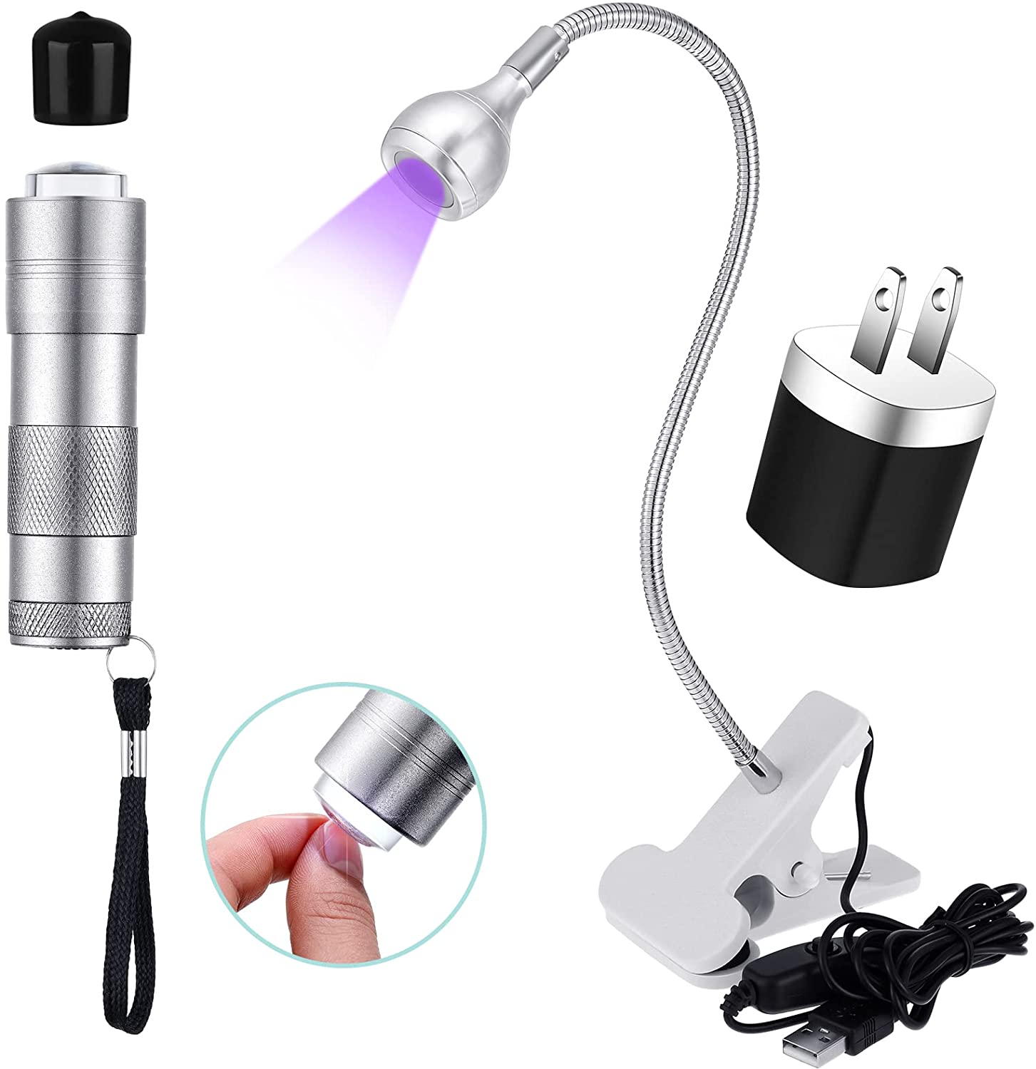 Big Chip 395 nm UV LED Light Fixtures with Gooseneck and Clamp for UV Gel Nail Curing with UV LED Nail Lamp for Gel Nails and Adapter USB Charger Block (Silver)