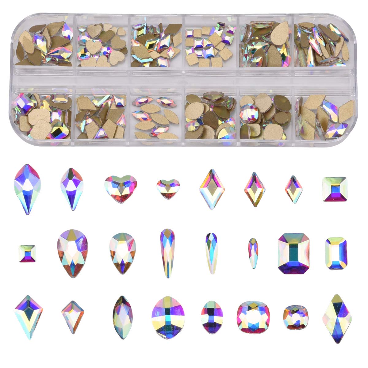 153pcs 3D Nail Diamonds Crystal Golden Shadow Flat Back Gem Stones For Nail Art Decoration + 960pcs Mix Loose Round Rhinestones Set Supply