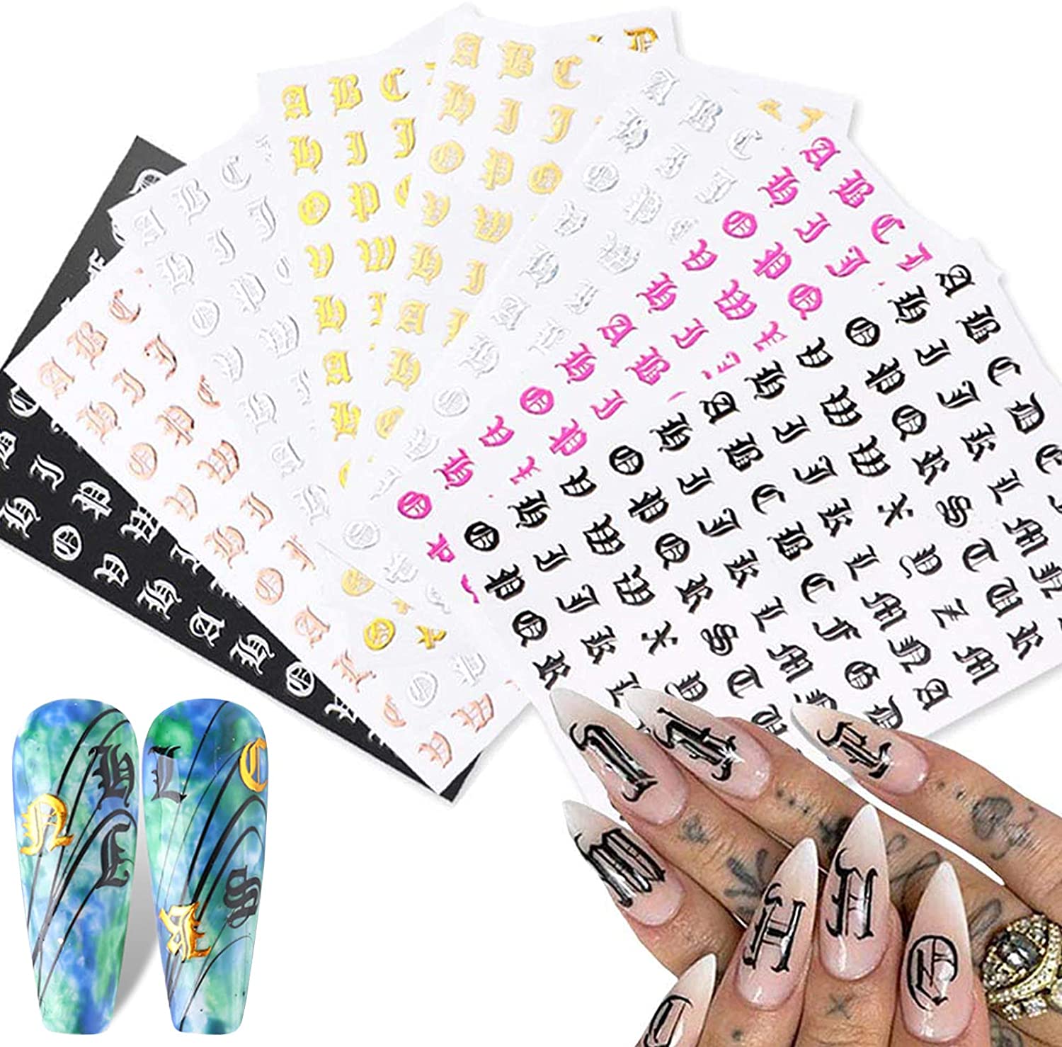 Letter Nail Art Stickers 3D Letters Nail Stickers Nail Art Supplies Old English Alphabet Nail Decals Holographic Letter Nail Designs Kit English Font Nail Sticker for Acrylic Nails (12 Sheets)