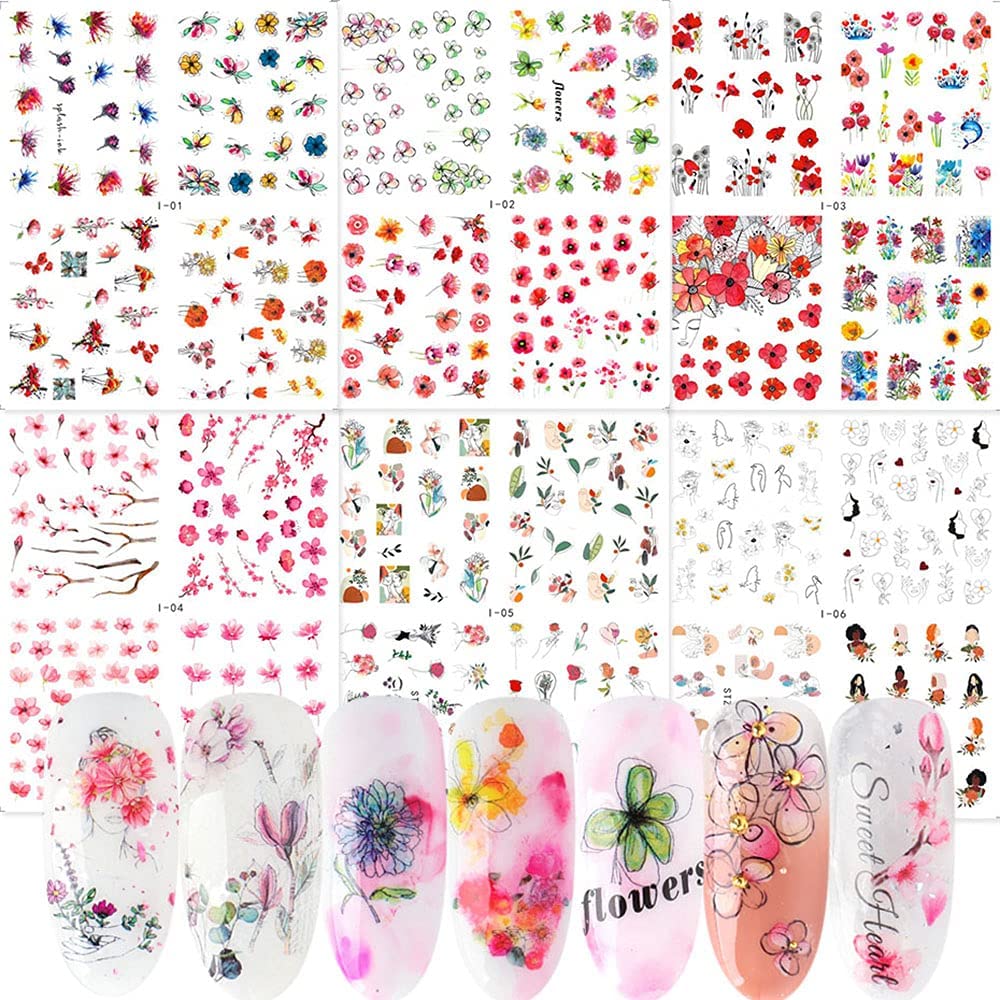 Sakura Flowers Nail Stickers Spring Water Transfer Nail Decals Cherry Blossom Nail Art Decorations Charms Nail Art Supplies Branches Leaf Petal Deer Cat Nail Design Nail Foils Tattoo for Acrylic Nail