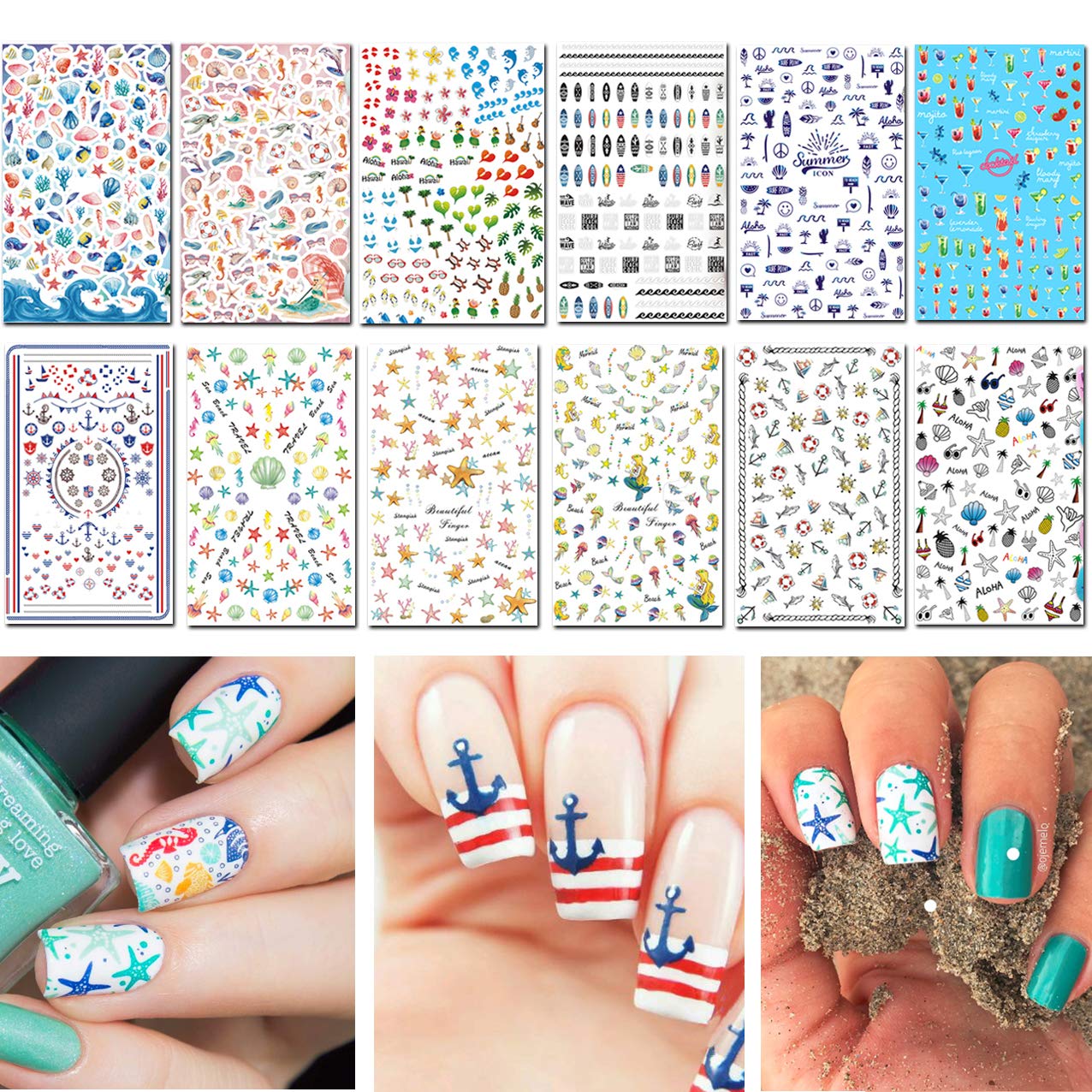 TailaiMei Summer Nail Decals Stickers, 1500+ Pcs Self-Adhesive Tips DIY Nail Art Design Stencil (12 Large Sheets)