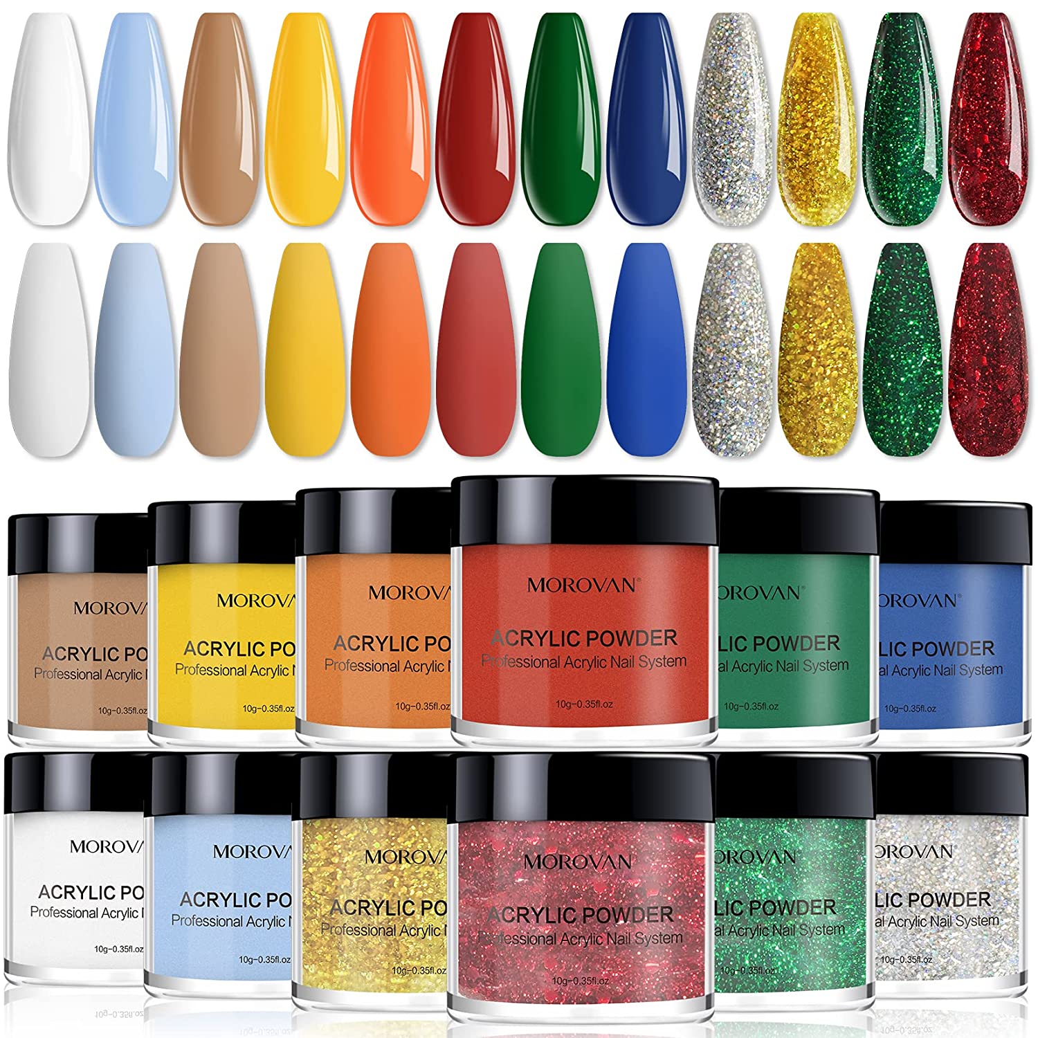 Morovan Acrylic Powder Set - 12 Colors Acrylic Nail Powder Pure Color and Glitter Professional Polymer Colored Acrylic Nail Powder for Acrylic Nail Extension Carving