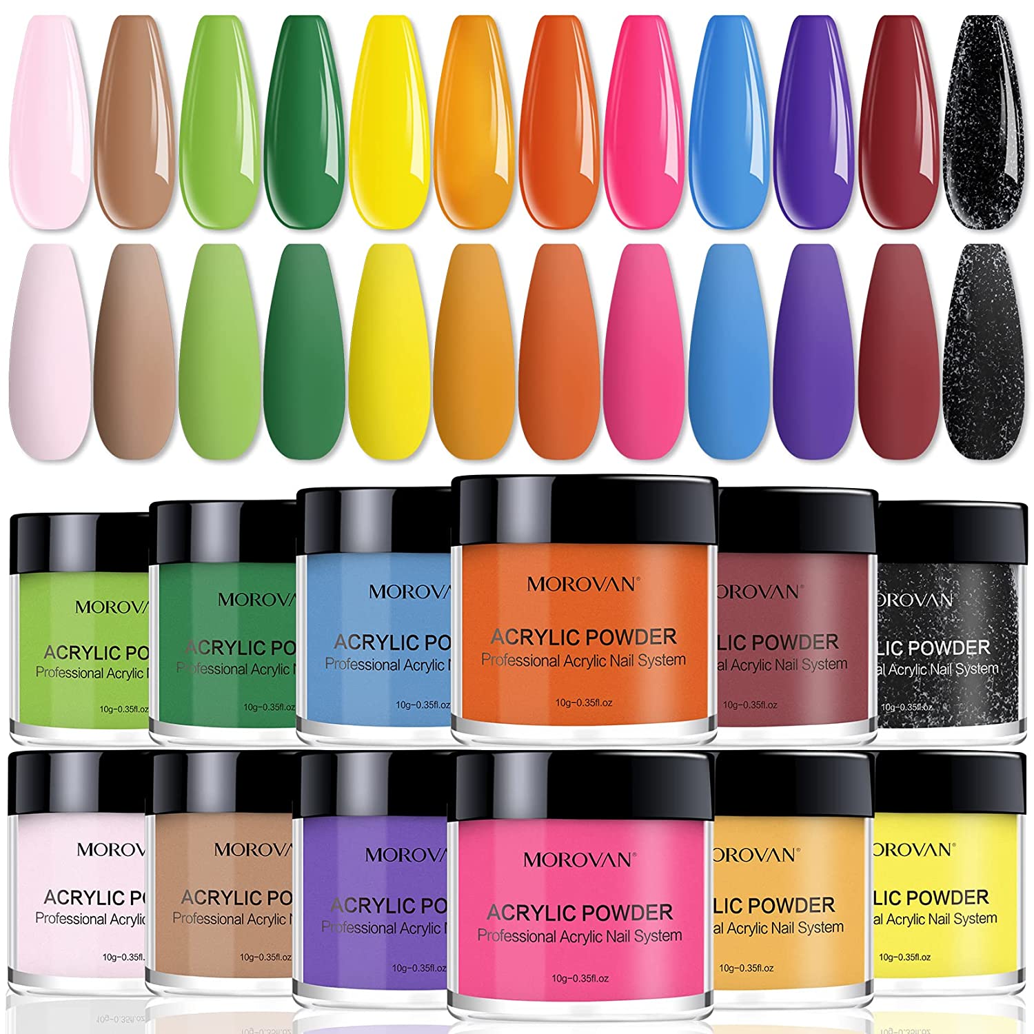 Morovan Acrylic Powder Set - 12 Colors Acrylic Nail Powder Pure Color and Glitter Professional Polymer Colored Acrylic Nail Powder for Acrylic Nail Extension Carving