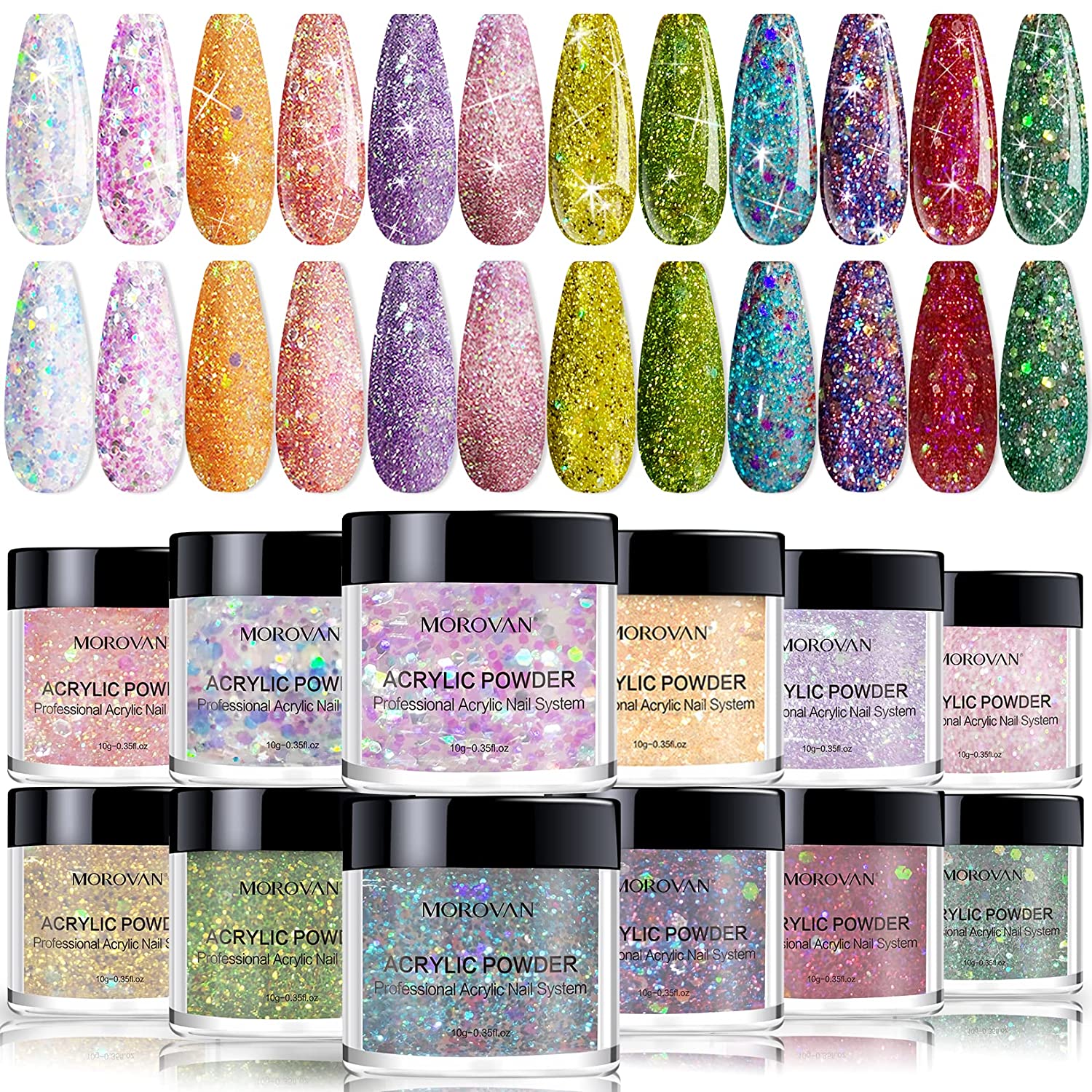 Morovan Acrylic Powder Set - 12 Colors Acrylic Nail Powder Glitter Professional Polymer Colored Acrylic Nail Powder for Acrylic Nail Extension Carving