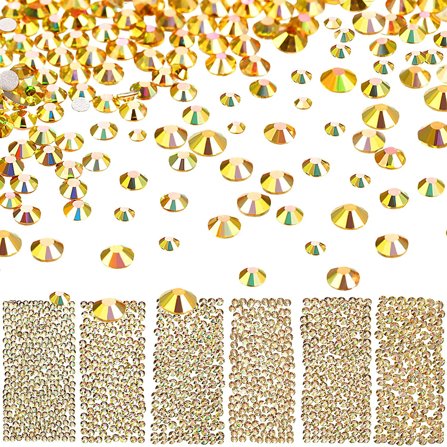 Bememo 3456 Pieces Nail Crystals AB Nail Art Rhinestones Round Beads Flatback Glass Charms Gems Stones, 6 Sizes for Nails Decoration Makeup Clothes Shoes (Iridescent)