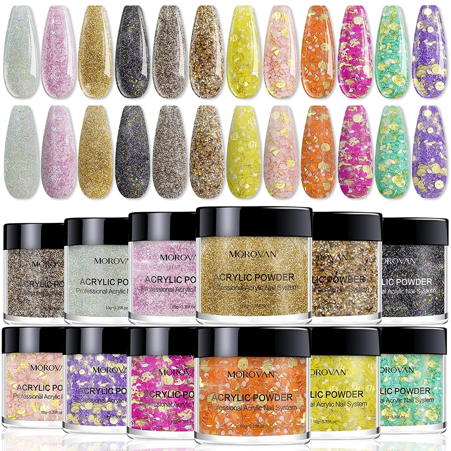 Morovan Acrylic Powder Set - 12 Colors Acrylic Nail Powder Glitter Professional Polymer Colored Acrylic Nail Powder for Acrylic Nail Extension Carving