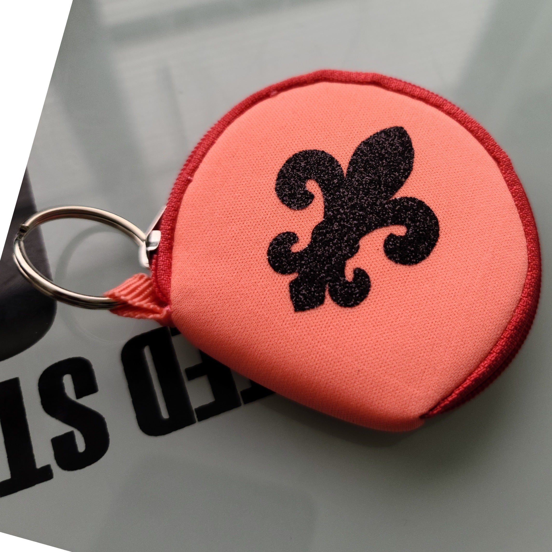 Orange Mask Holder with Fleur-de-lis Image and Keychain