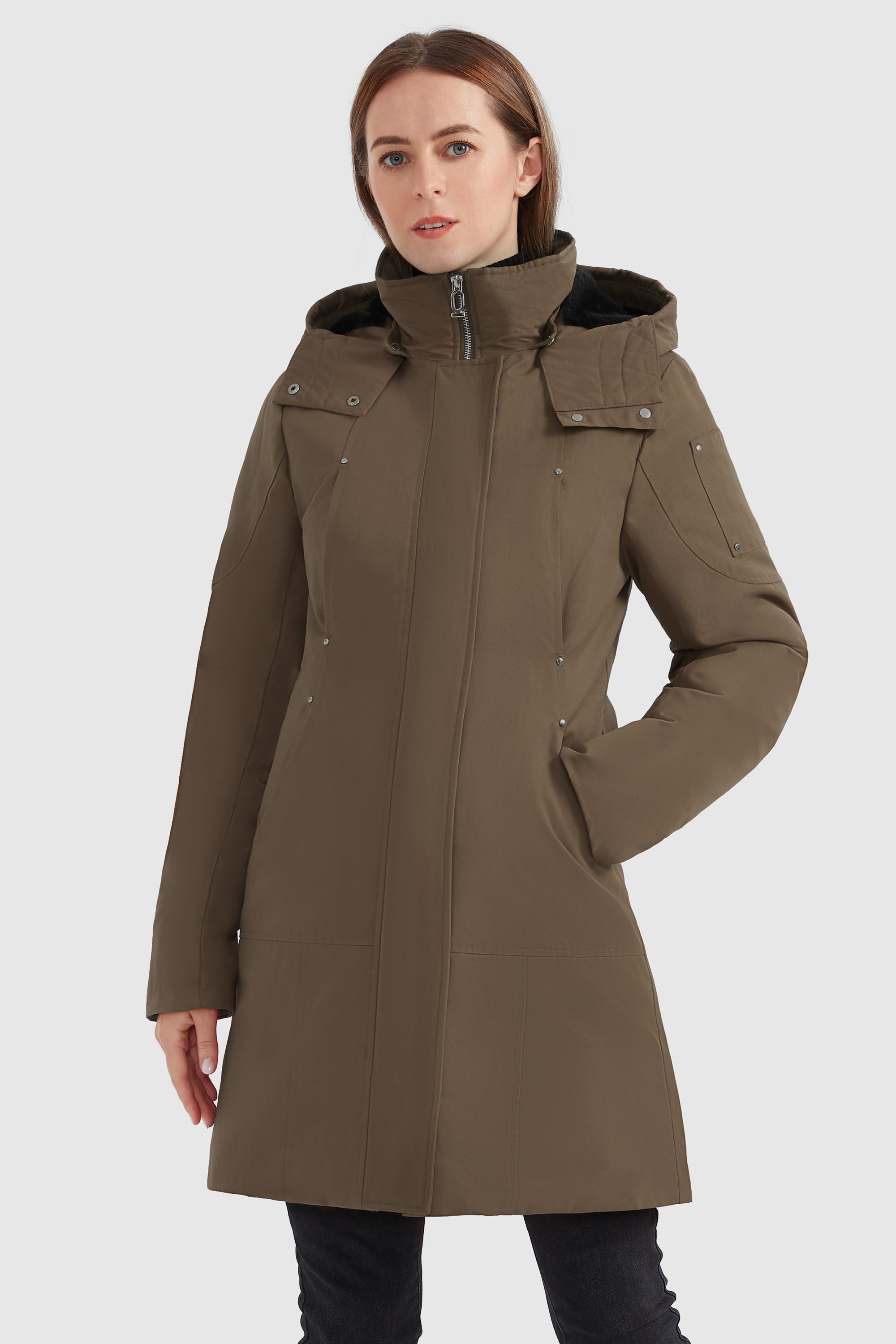 Mid-length Hooded Down Coat with Stand Collar