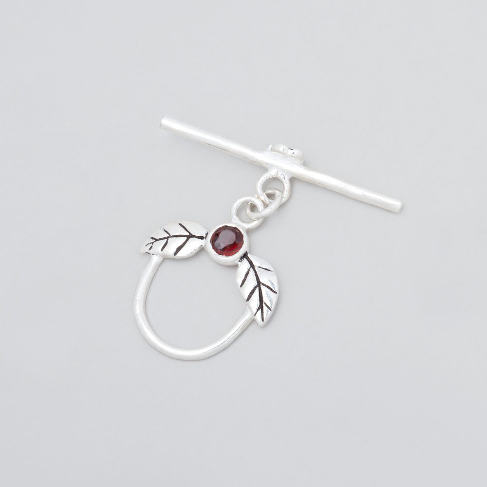  17x18mm Antiqued Sterling Silver Toggle with Leaves and Garnet 1 piece 
