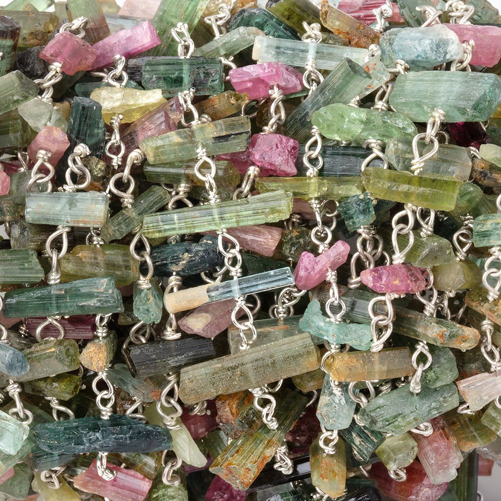  4x2-10x3mm Multi Color Tourmaline Natural Crystals on .925 Silver Chain 