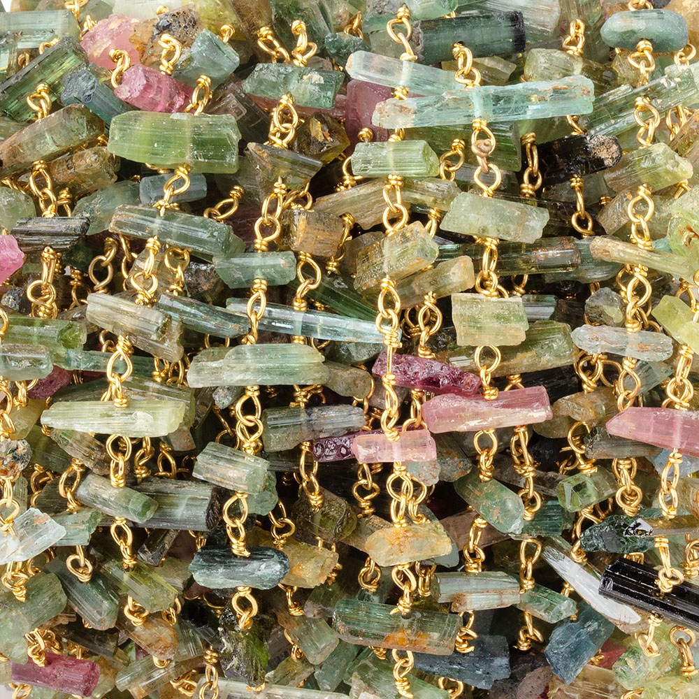  4x2-10x3mm Multi Color Tourmaline Natural Crystal on Vermeil Chain 