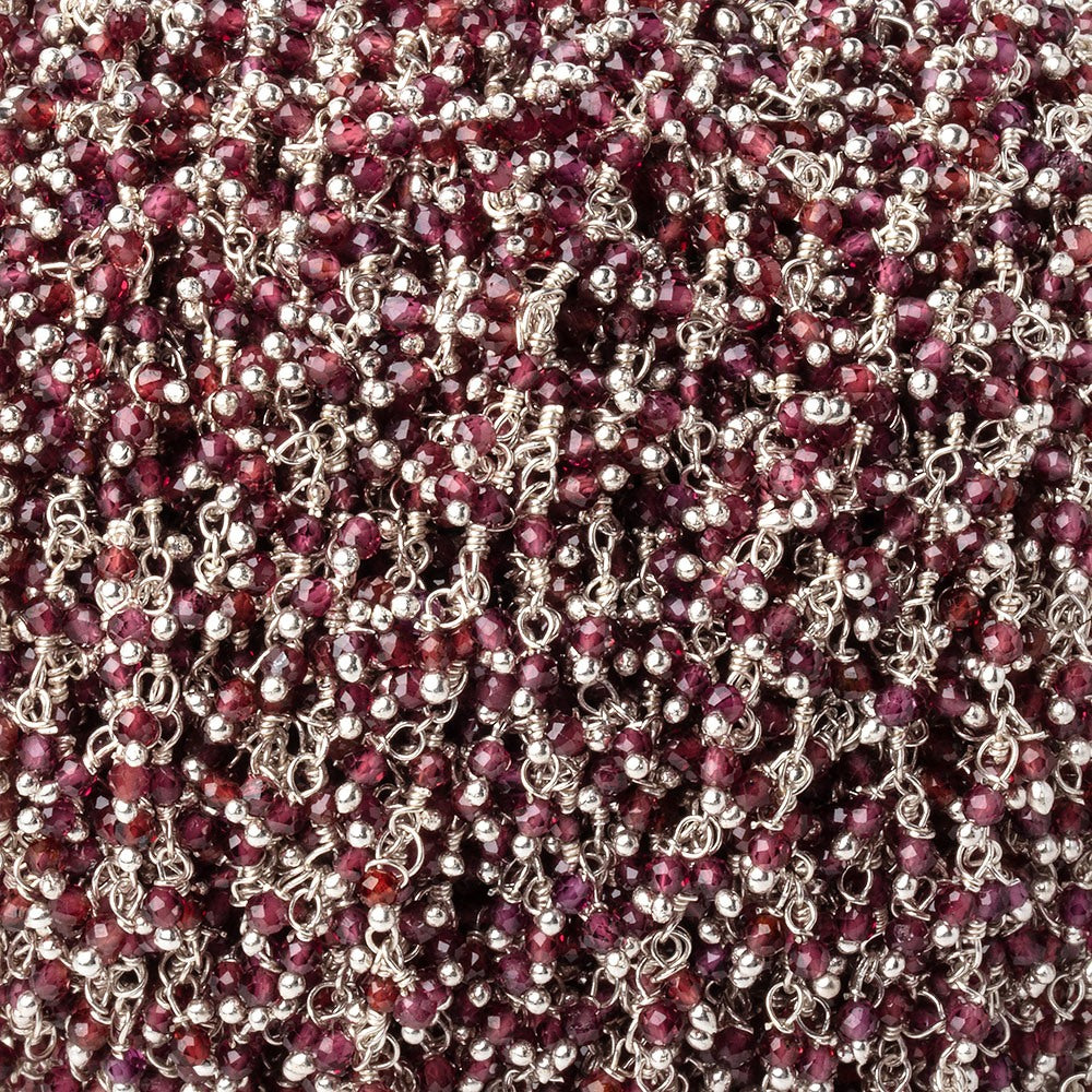  2mm Rhodolite Garnet Micro Faceted Rounds on Silver Plated Dangling Chain 